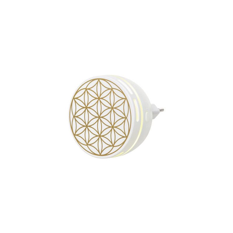 Weißer Aroma-Duftstecker mit goldenem Blumenmuster. Stecker mit abgerundeter Form. Seitlich gelbliche Beleuchtung.