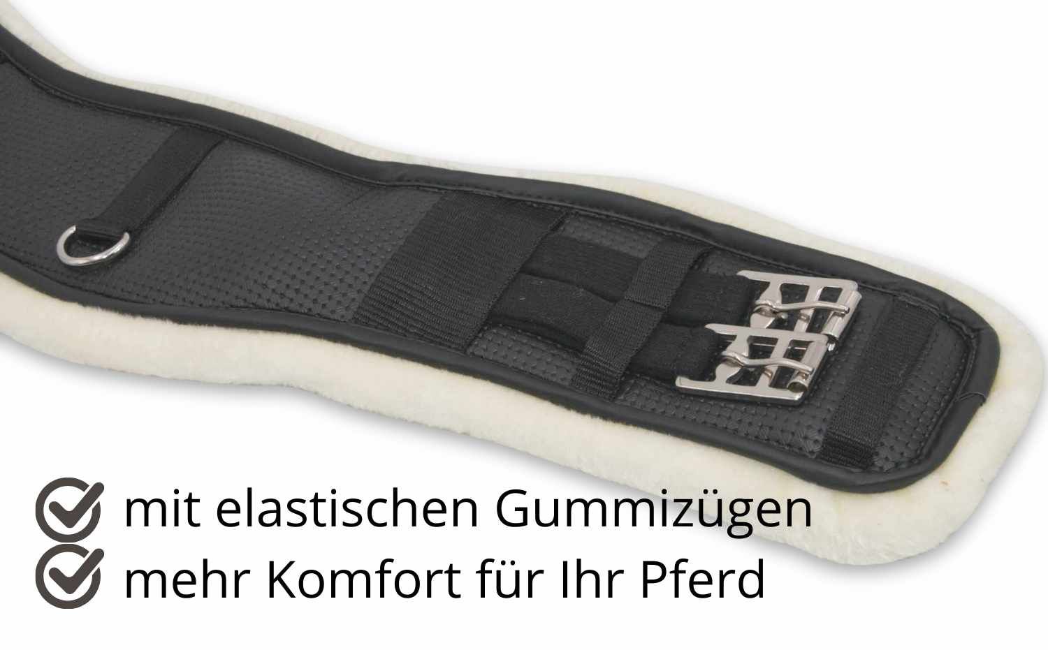 Nahaufnahme eines schwarzen Kurzgurts mit Kunstfellunterlage.  Elastische Gummizüge. Mehr Komfort für Ihr Pferd.