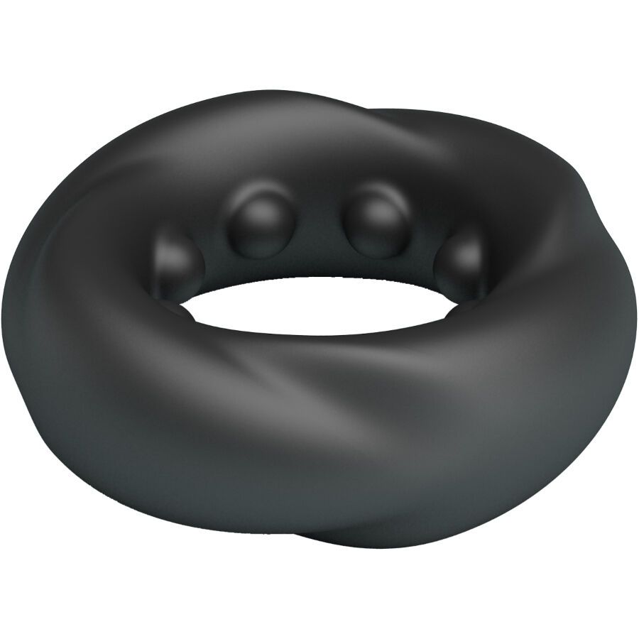 Schwarzer Penisring aus Silikon. Ringförmig, mit spiralförmiger Struktur und Noppen.