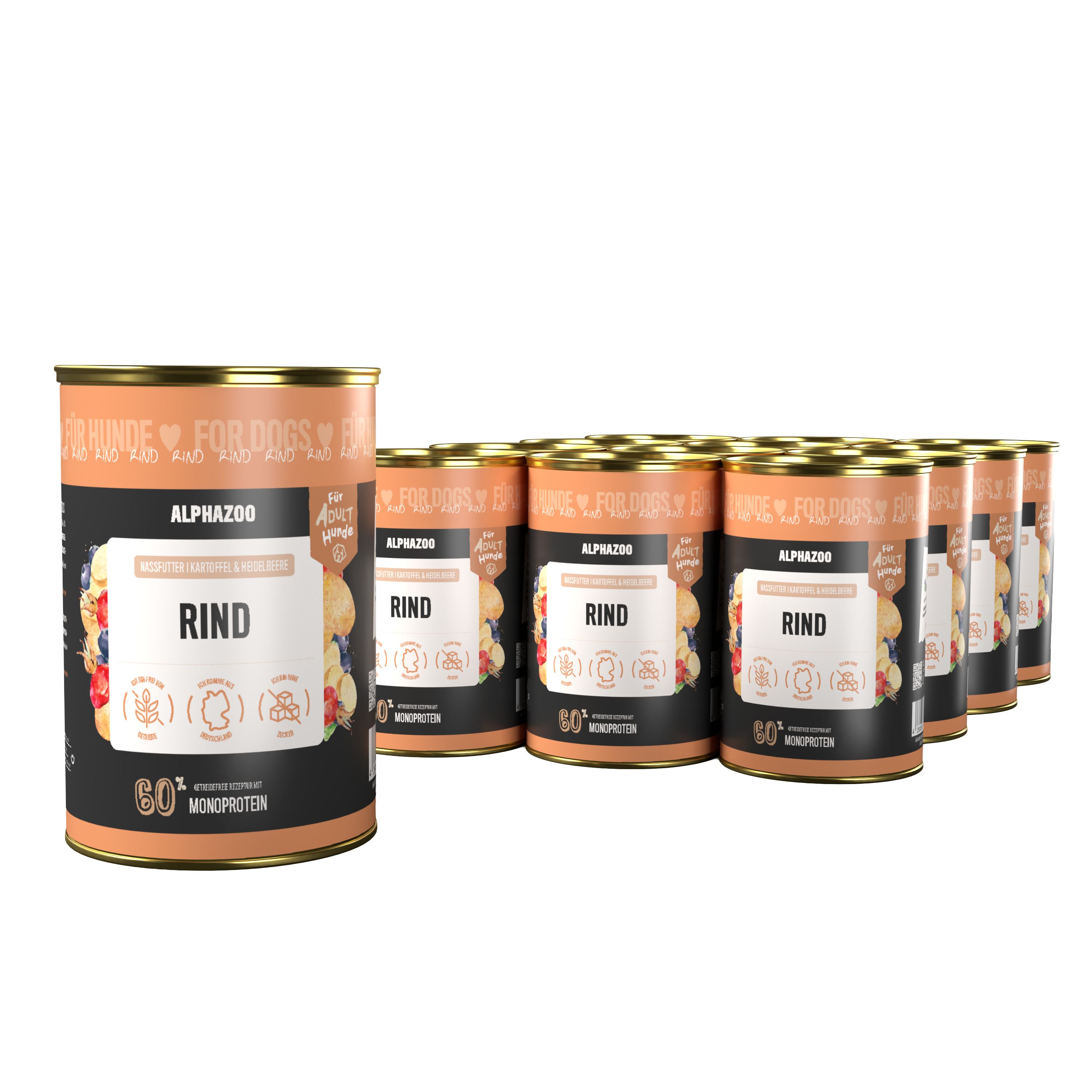 Mehrere Dosen Monoprotein Rind Nassfutter für Hunde.