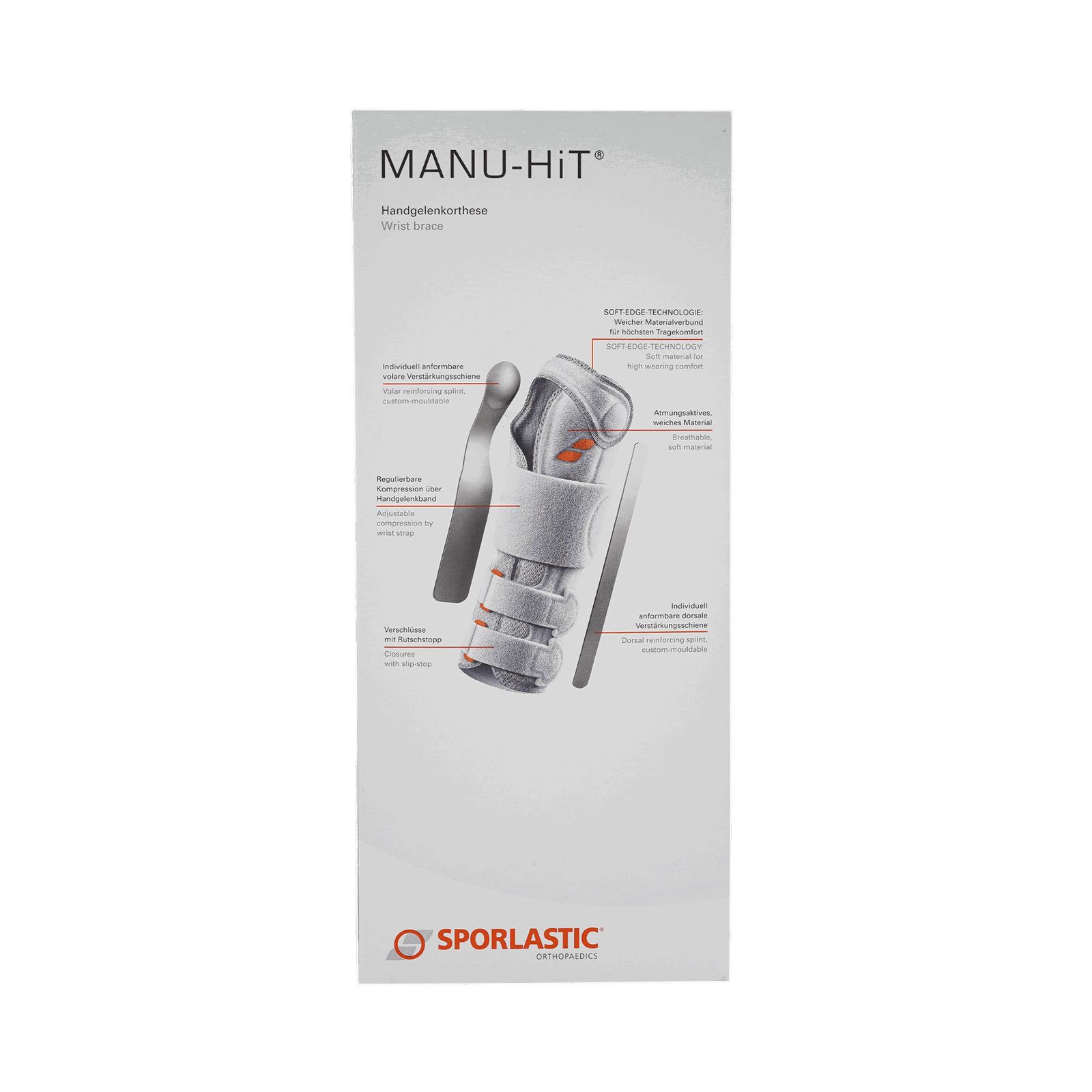 Verpackung der Handgelenkorthese Manu-Hit. Graue Orthese mit Klettverschlüssen. Marke Sporlastic. Produktbeschreibung.
