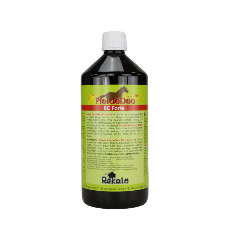 Dunkle Flasche mit weißem Deckel. Etikett mit Produktnamen Rokale Pferdedeo BC forte, Pferd-Illustration und Text.