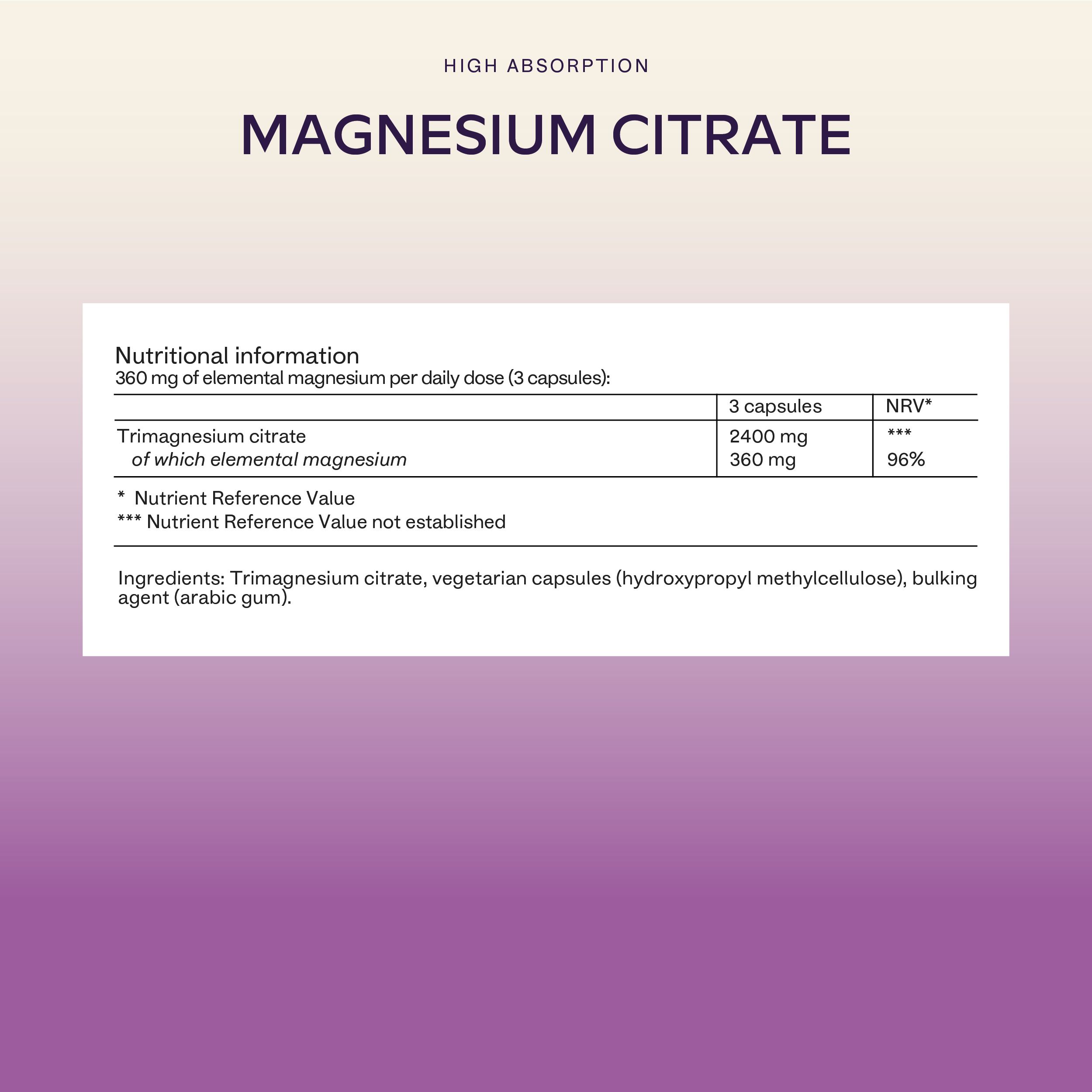 Nährwertangaben für Magnesiumcitrat-Kapseln.