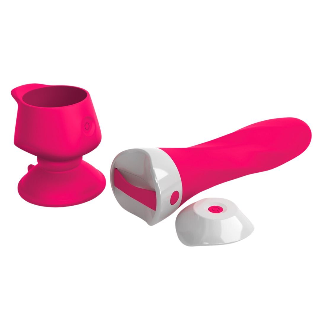 Rosa Vibrator mit weißem Ende und Zubehör. Halterung und Basis liegen daneben. Auf weißem Hintergrund.