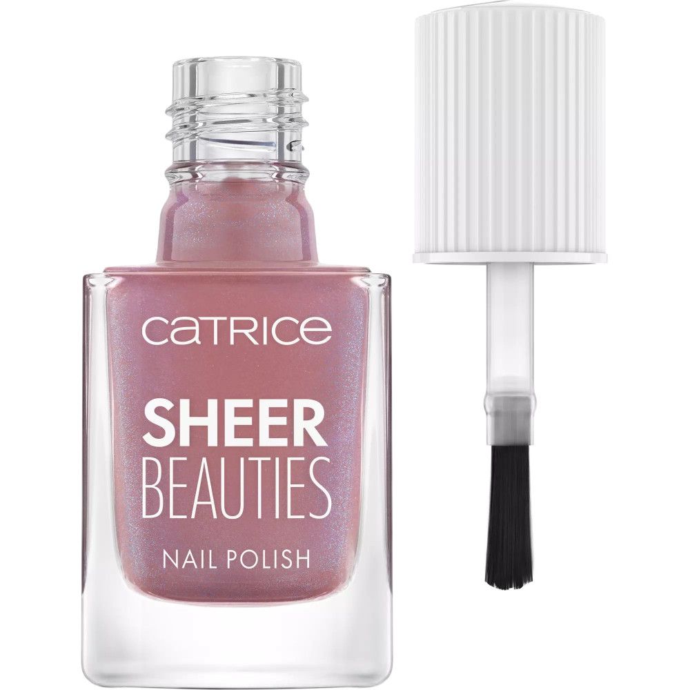 Nagellack-Fläschchen mit Pinsel. Marke Catrice, Produktname SHEER BEAUTIES NAIL POLISH. Rosa Farbton, transparente Flasche.