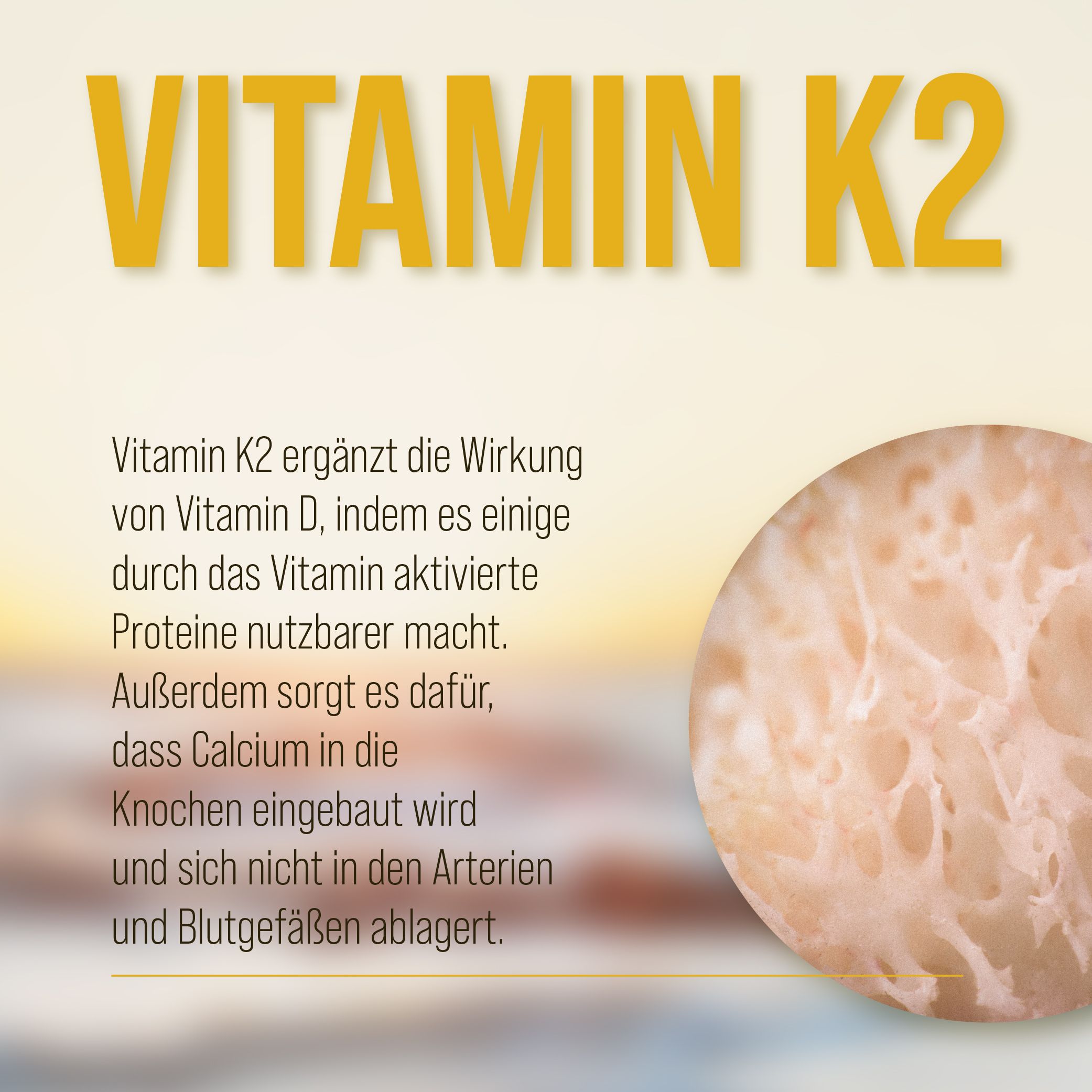 Text: VITAMIN K2. Vitamin K2 ergänzt Vitamin D, macht Proteine nutzbarer. Sorgt für Einbau von Calcium in Knochen, nicht in Arterien.