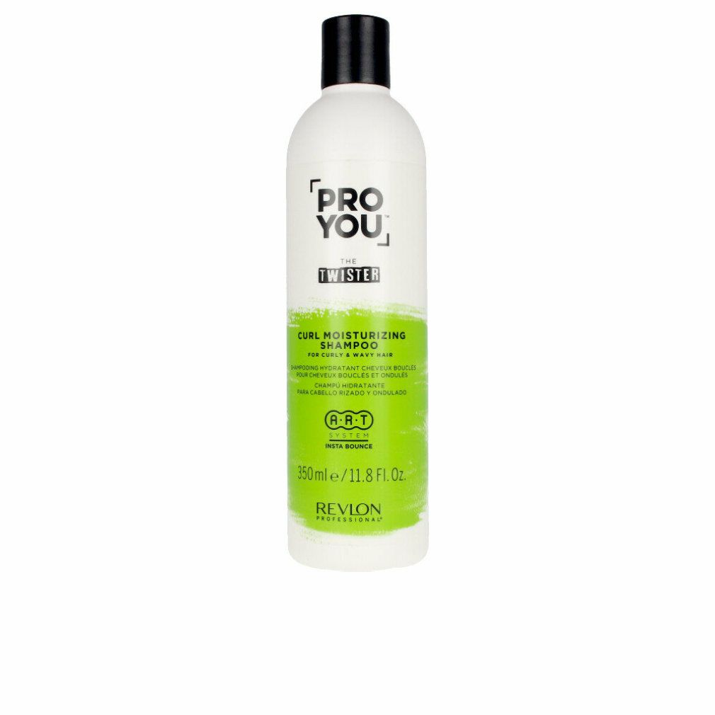 Weiße Shampoo-Flasche mit schwarzem Deckel. Aufschrift: Pro You The Twister. Grün-weißer Aufkleber mit Text und Logo.