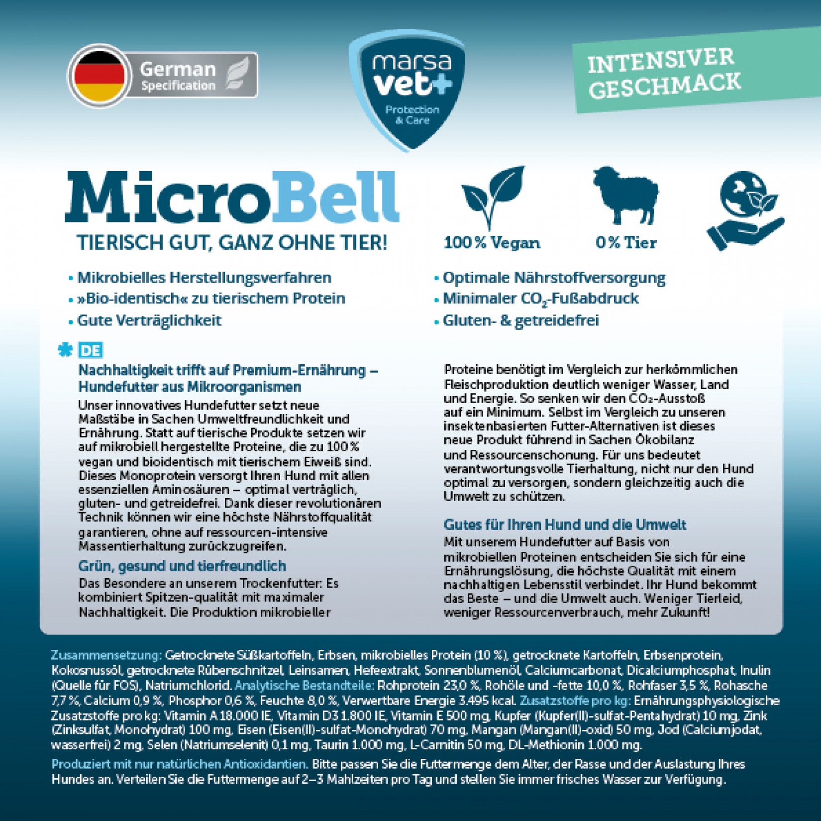Marsavet MicroBell Hundefutter-Beutel mit Text und Inhaltsstoffen. Aufschrift: Tierisch gut, ganz ohne Tier! 100% Vegan, 0% Tier. Mit deutscher Kennzeichnung.
