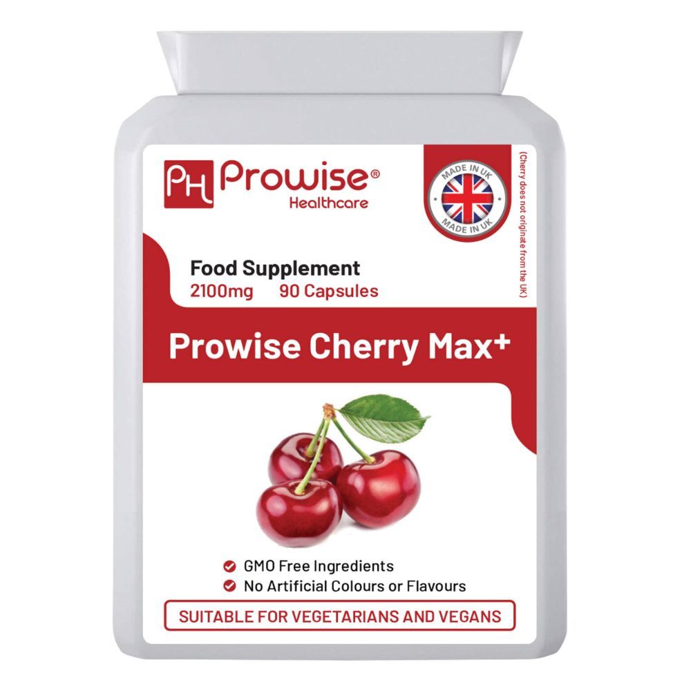 Produktverpackung mit Kapseln. Aufschrift: Prowise Cherry Max+. Enthält 90 Kapseln. UK Made. Geeignet für Vegetarier und Veganer. Kirschen.