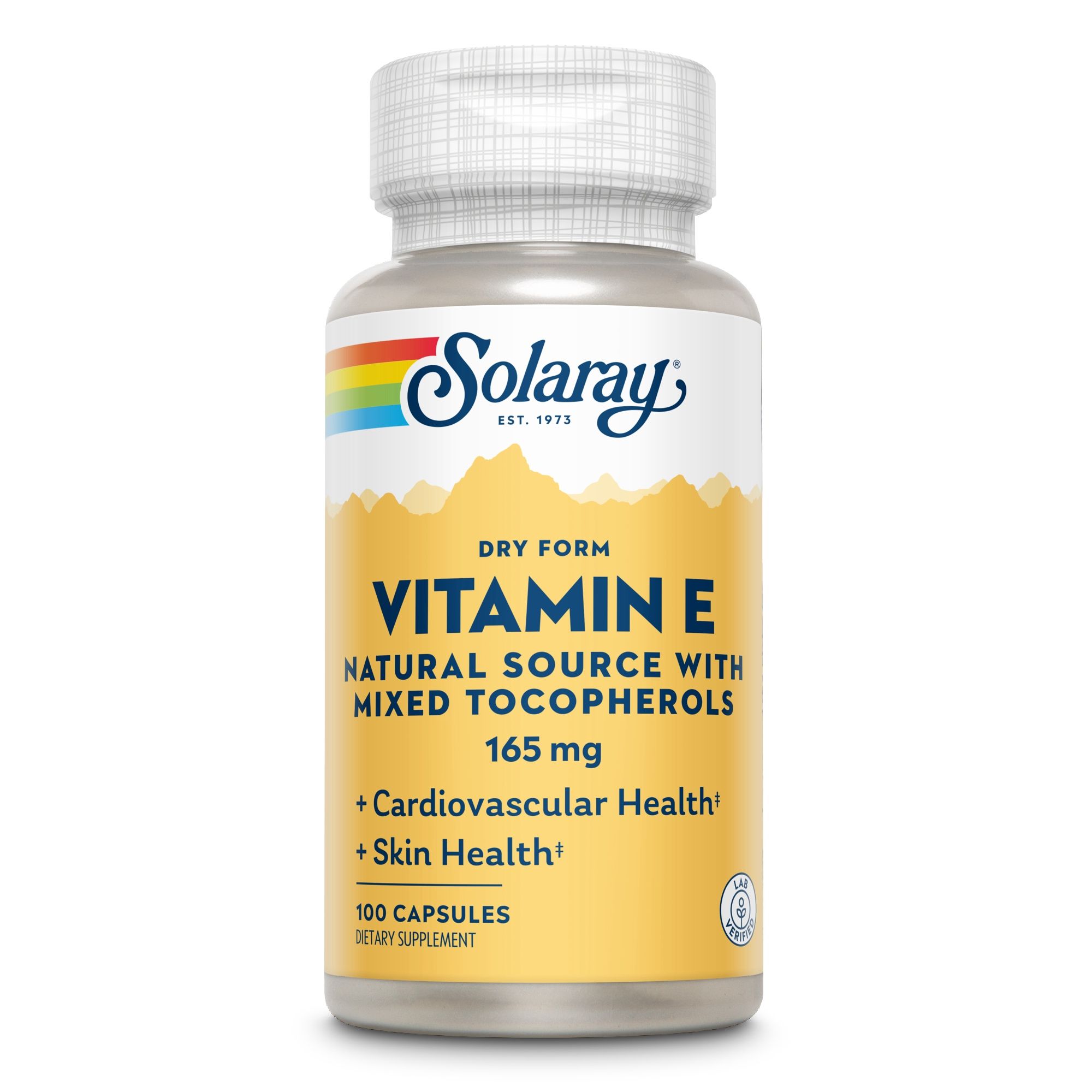 Solaray Vitamin E, gelbe Flasche. Text: Dry Form, Vitamin E, natürliche Quelle mit gemischten Tocopherolen, 165 mg, 100 Kapseln.