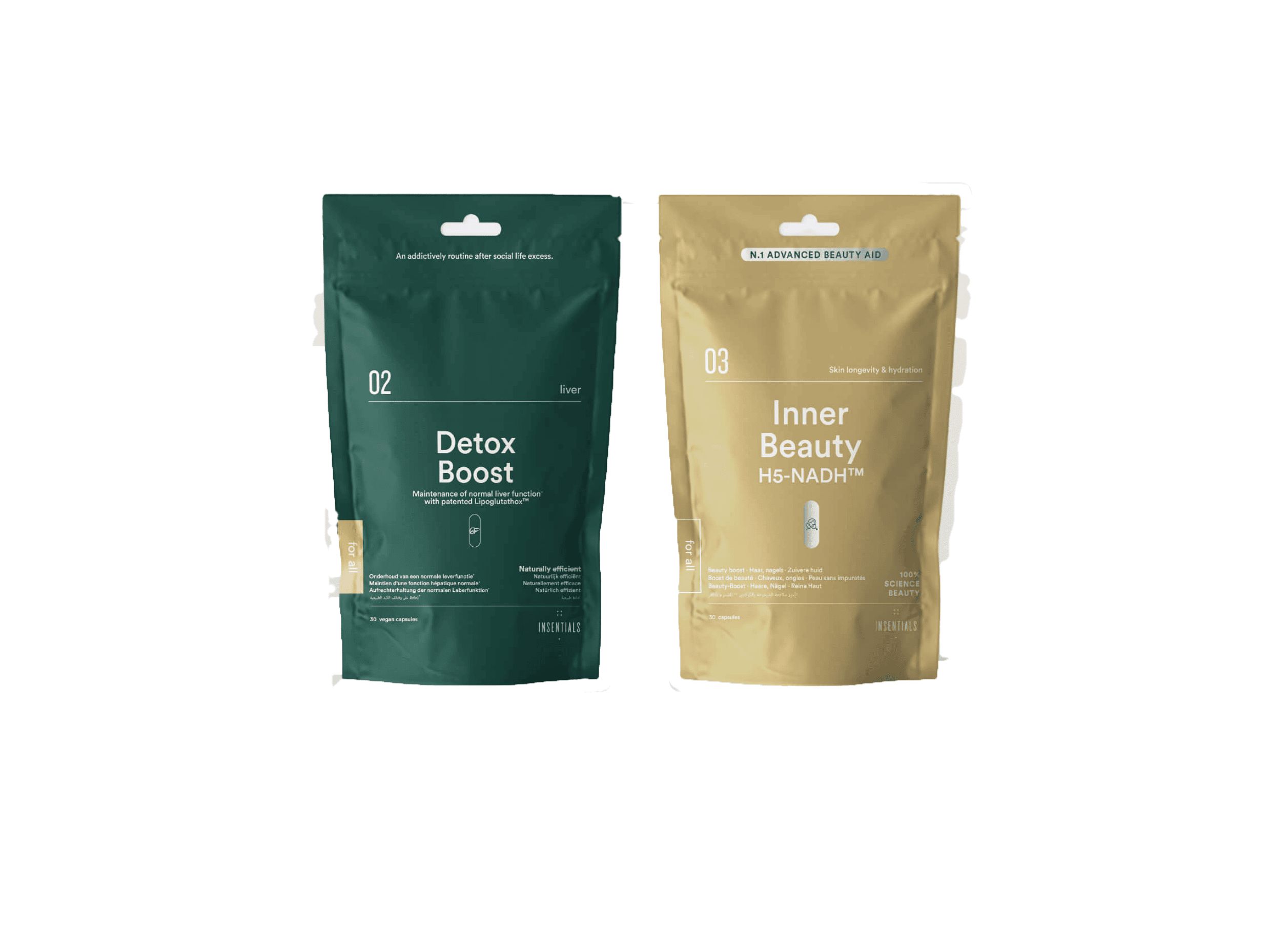 Zwei Beutel: ein grüner 'Detox Boost' und ein goldener 'Inner Beauty HS-NADH'.
