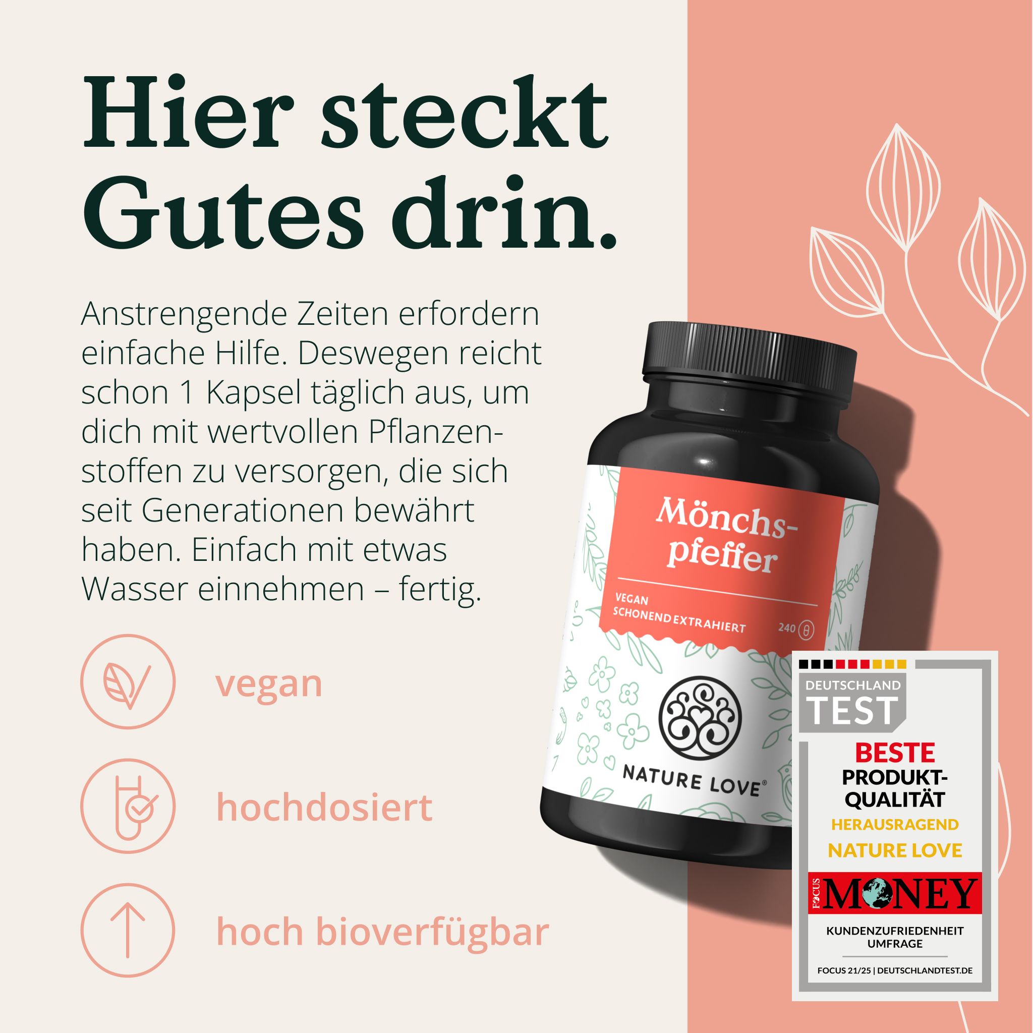 Braune Flasche mit rotem Etikett. Aufschrift: Mönchspfeffer, Vegan, 240 Kapseln. Logo: NATURE LOVE®. Auszeichnung: Beste Produktqualität.
