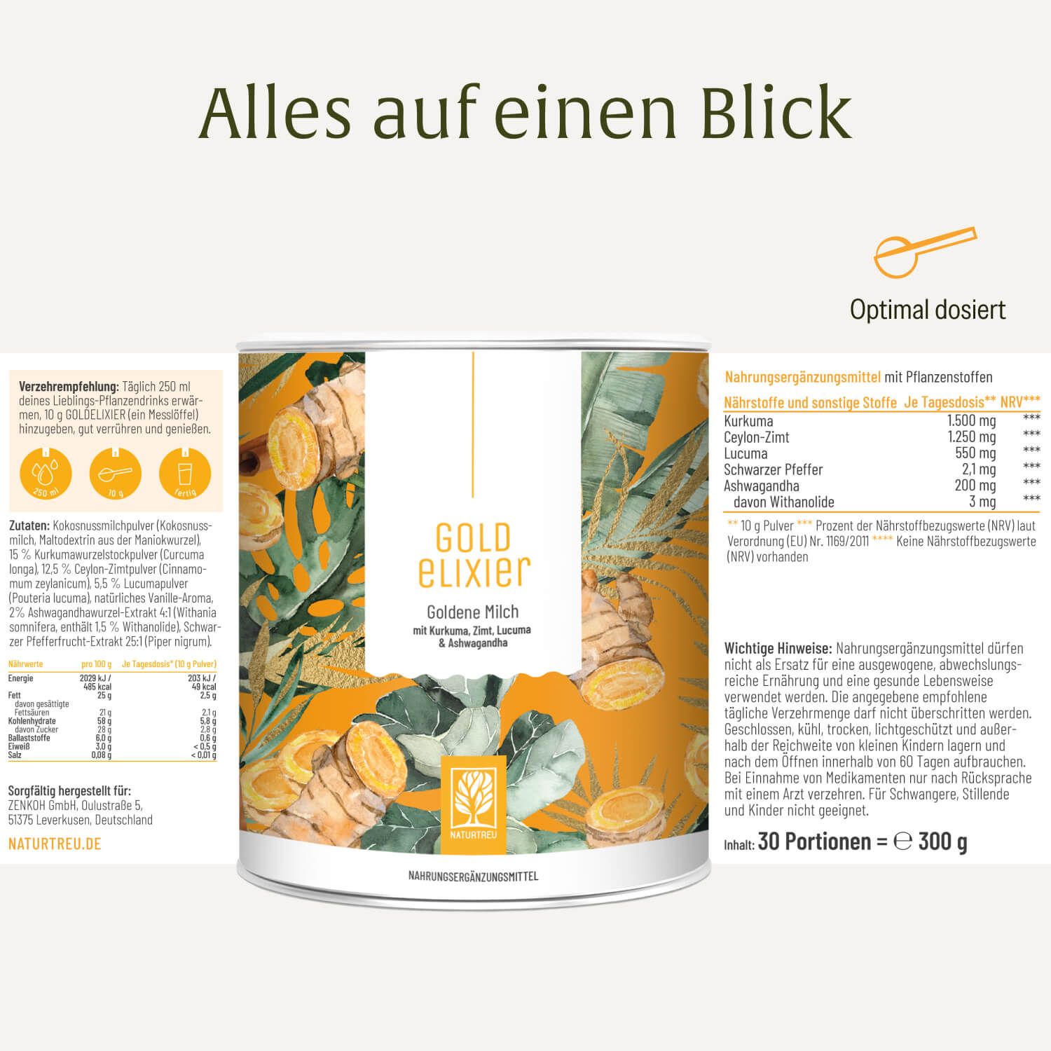 Dose Goldene Milch Pulver, Nährwertangaben und Zubereitungshinweise auf der Verpackung.