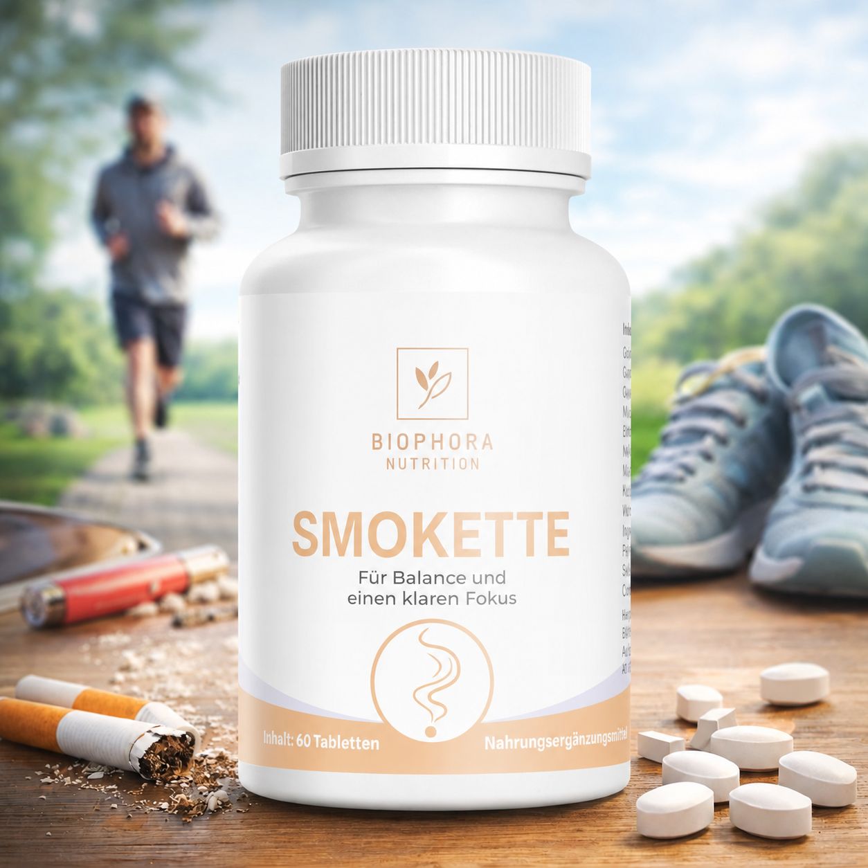 Smokette Flasche auf Holztisch mit Laufschuhen und zerbrochenen Zigaretten. Läufer im Hintergrund.
