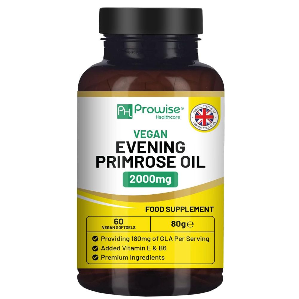 Braune Flasche mit gelbem Etikett. "Vegan Evening Primrose Oil 2000mg" und "60 Vegan Softgels" sind sichtbar.