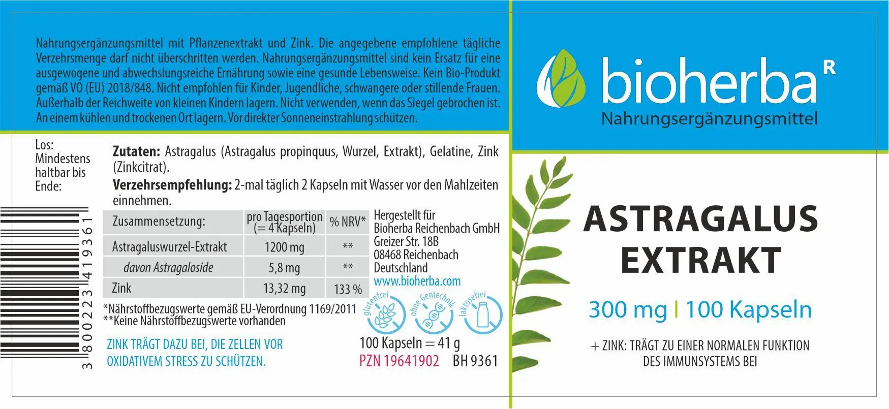Etikett mit weißem Hintergrund, blauem Streifen und grünen Blättern. Text: "bioherba", "Astragalus Extrakt", 300 mg, 100 Kapseln. Zusammensetzung.