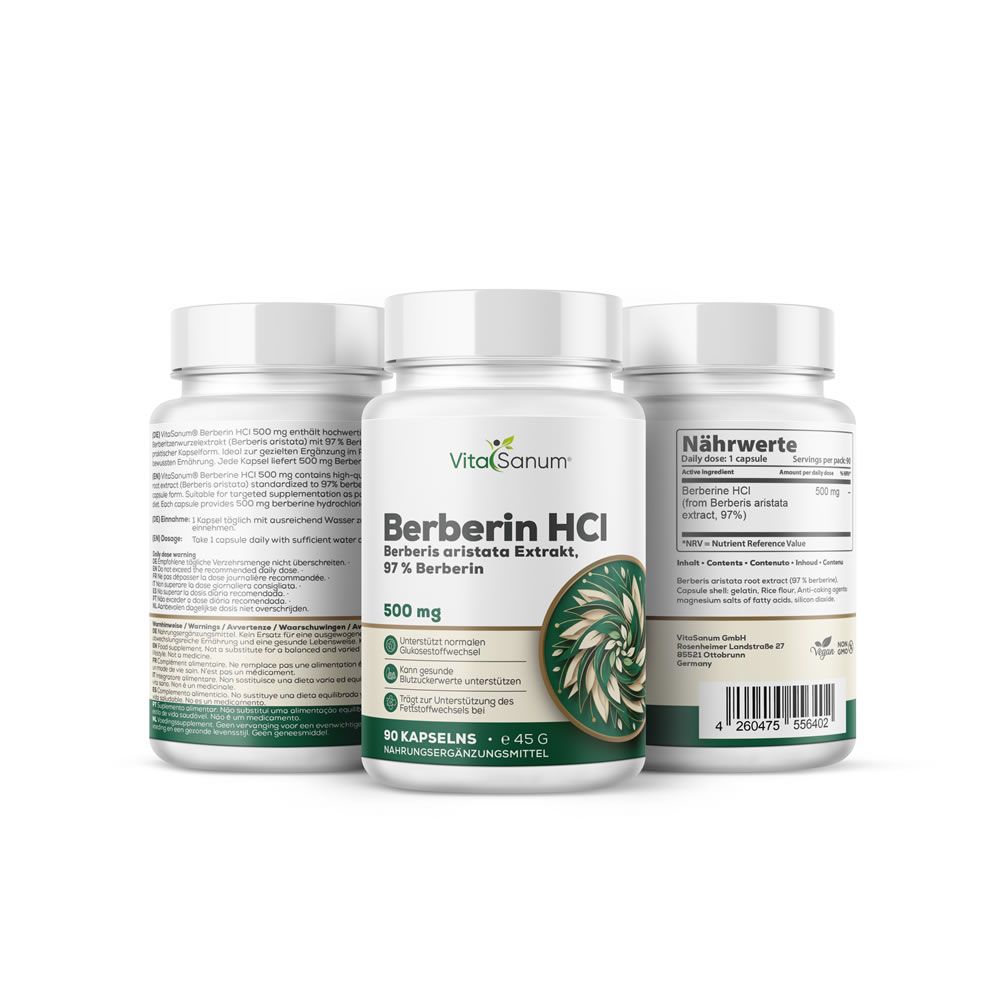 Drei weiße Flaschen VitaSanum® Berberin HCL. Aufschrift: Berberin HCL, 97% Berberin, 500 mg. 90 Kapseln. Grün-weiße Etiketten.