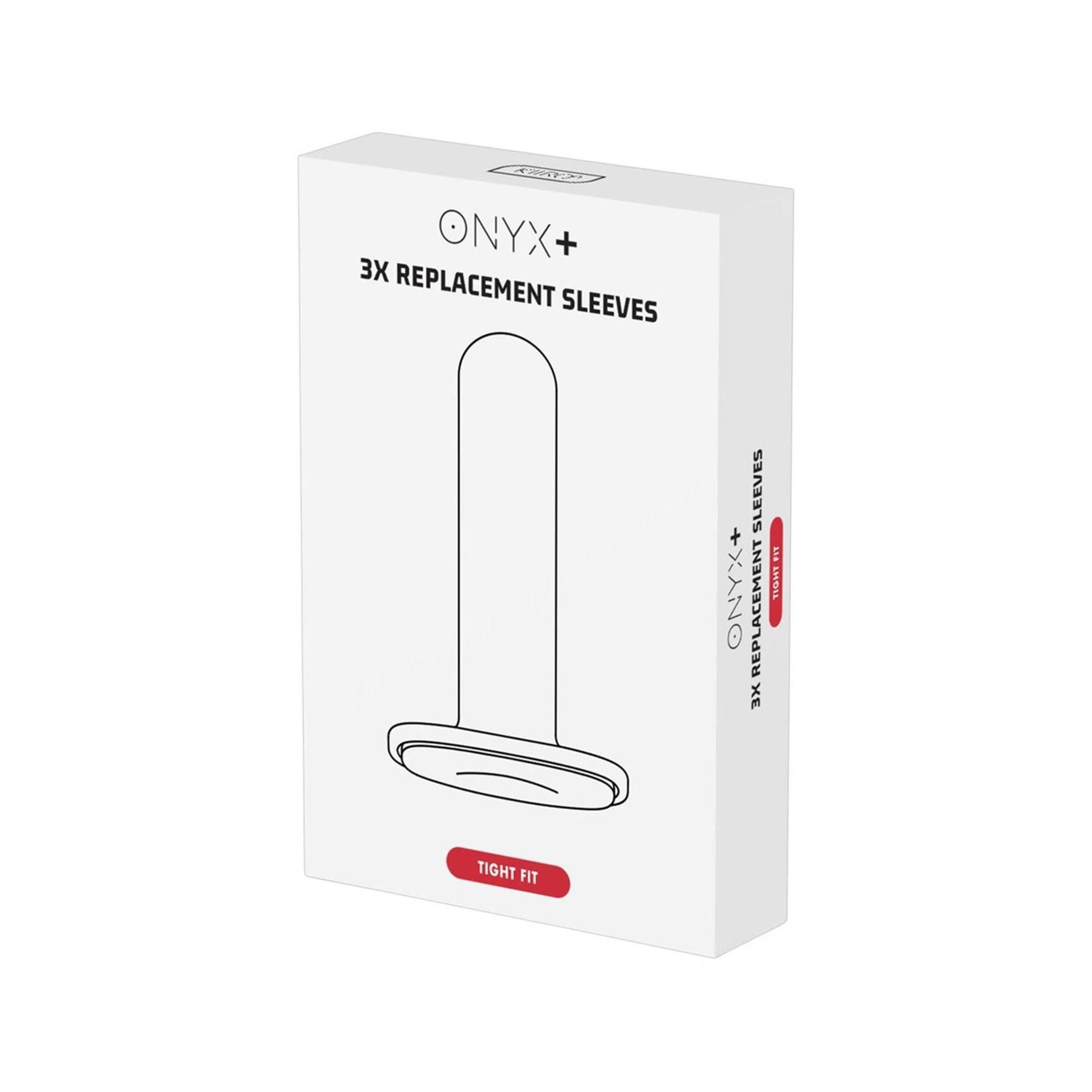 Verpackung für 3 Onyx+ Ersatzabdeckungen, weiß, mit schematischer Darstellung.
