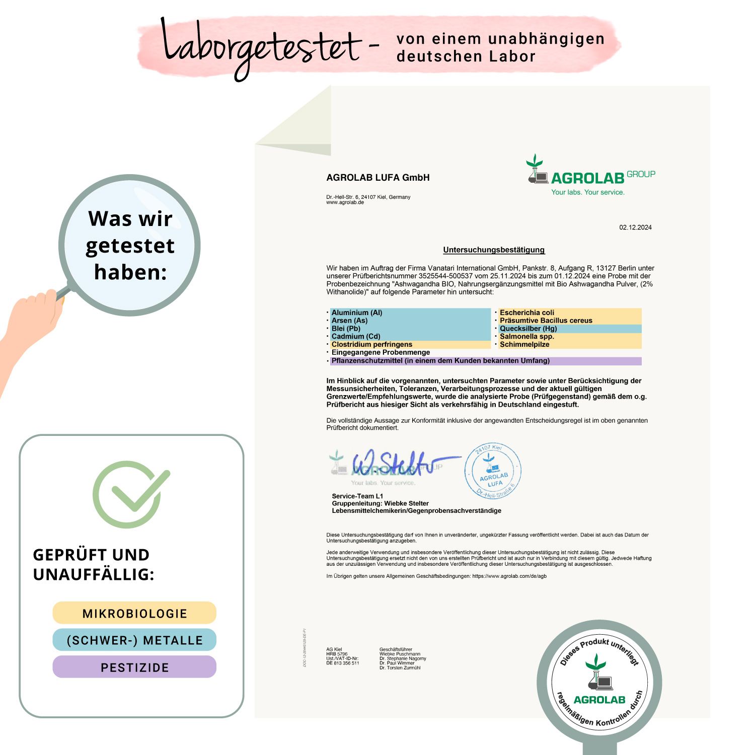 Zertifikat von AGROLAB LUFA GmbH. Bestätigung der Analyse von Ashwagandha Pulver. Geprüft auf Mikrobiologie, Schwermetalle, Pestizide.