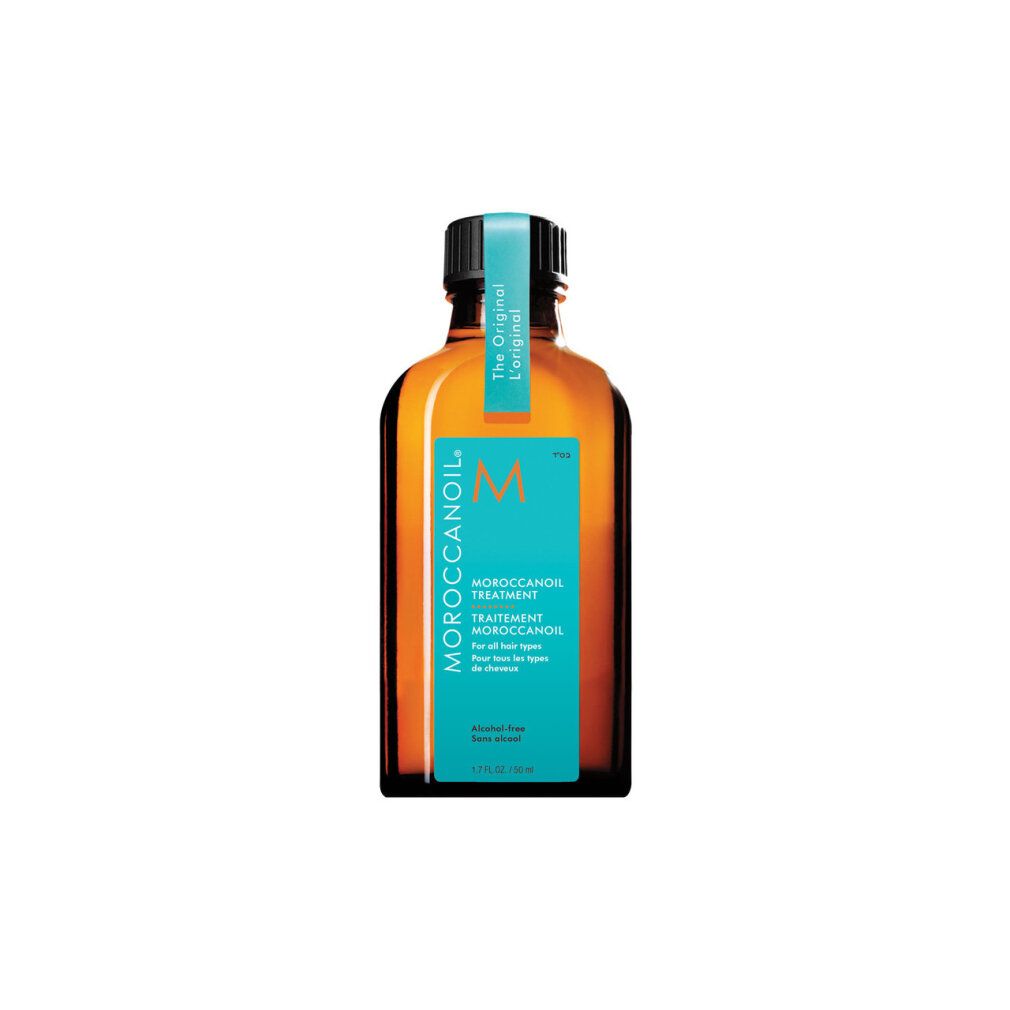 Braune Glasflasche mit türkisfarbenem Etikett. Aufschrift: Moroccanoil Treatment. Logo 'M'.