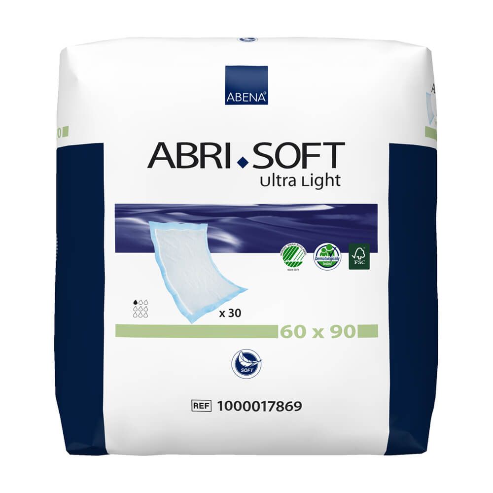 Abri-Soft Ultra Light, 60 x 90 cm, Packung mit 30 Stück. Verpackung mit Produktabbildung, Logo und Zertifizierungen.