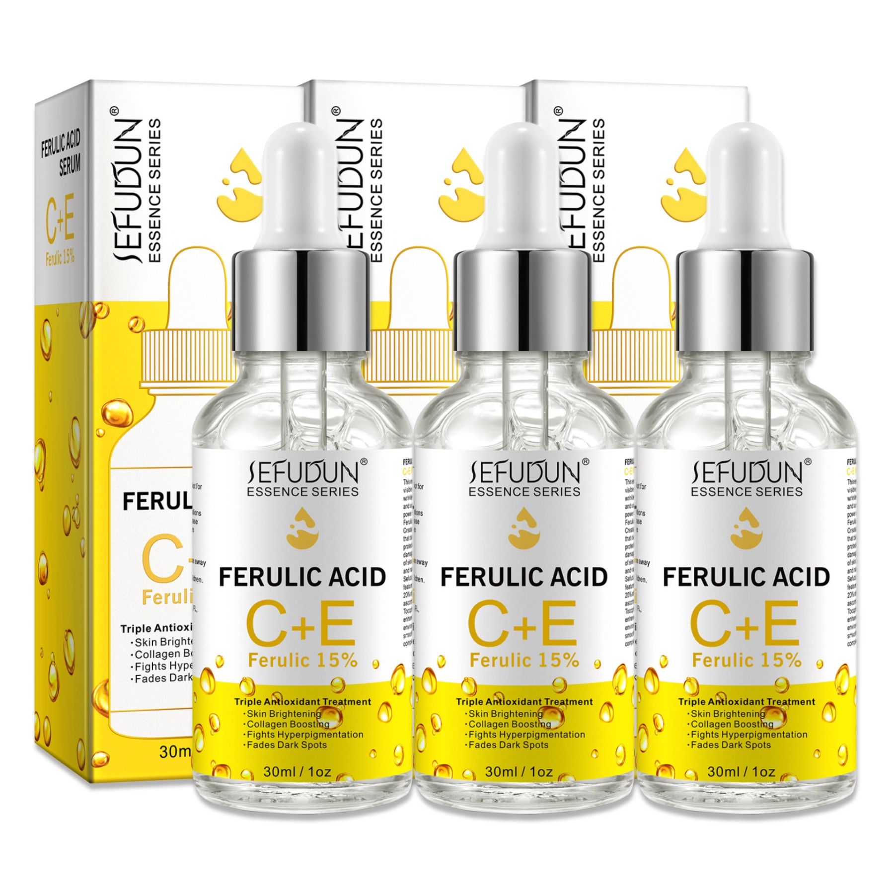 Drei Serumflaschen in Verpackung. Text: Ferulic Acid C+E, 15%. Triple Antioxidant Treatment. 30ml/1oz. Gelbe und weiße Verpackung.