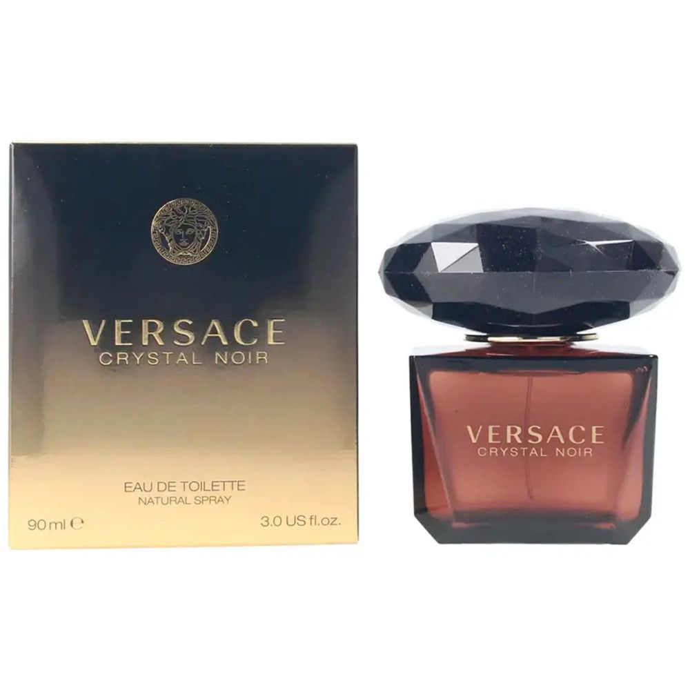 Versace Crystal Noir Eau de Toilette. Schwarze Flasche mit facettiertem Deckel. Rechteckige Verpackung mit Logo.