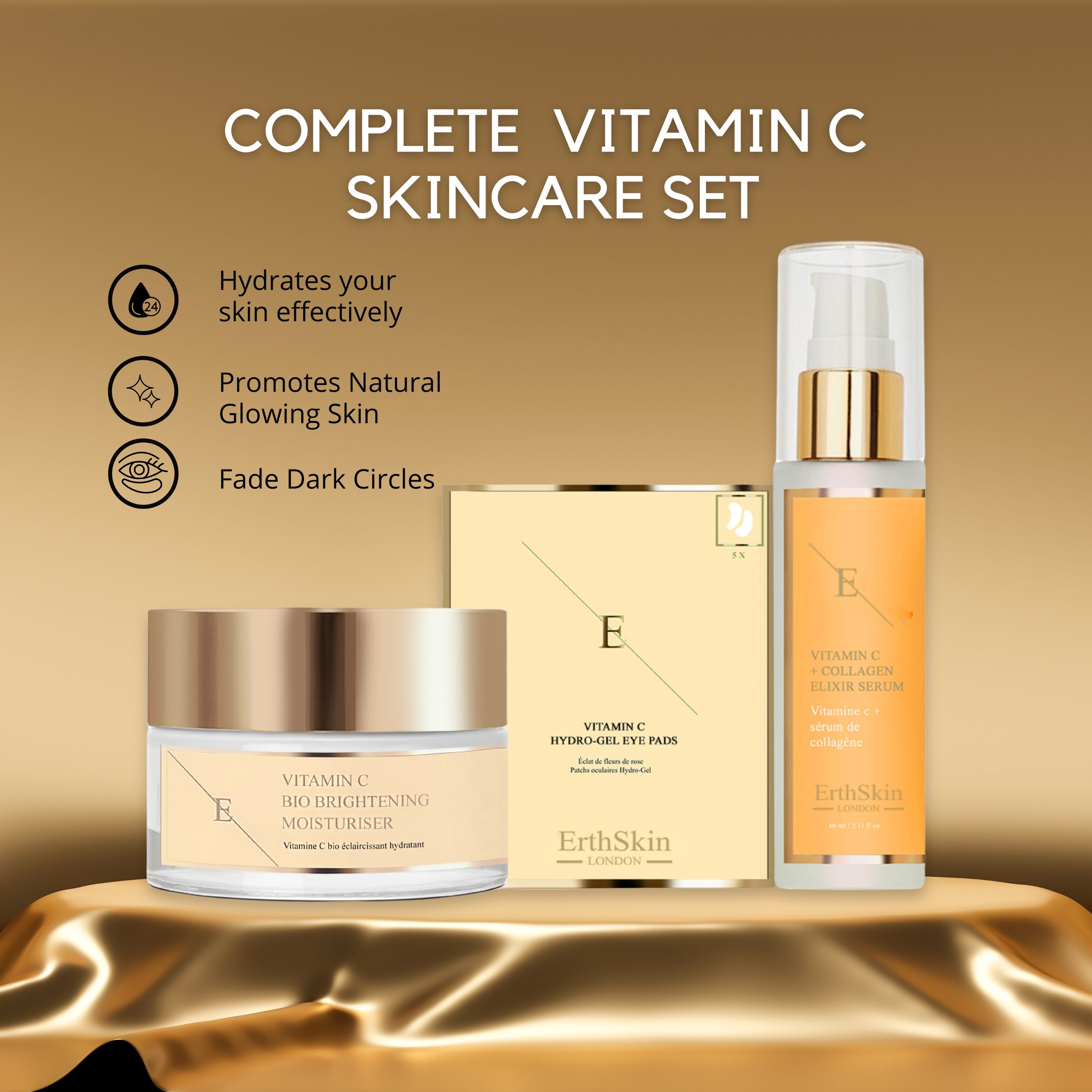 ErthSkin-Set mit Vitamin C-Serum, Feuchtigkeitscreme und Augenpads. Auf goldenem Podest. Text: Complete Vitamin C Skincare Set.
