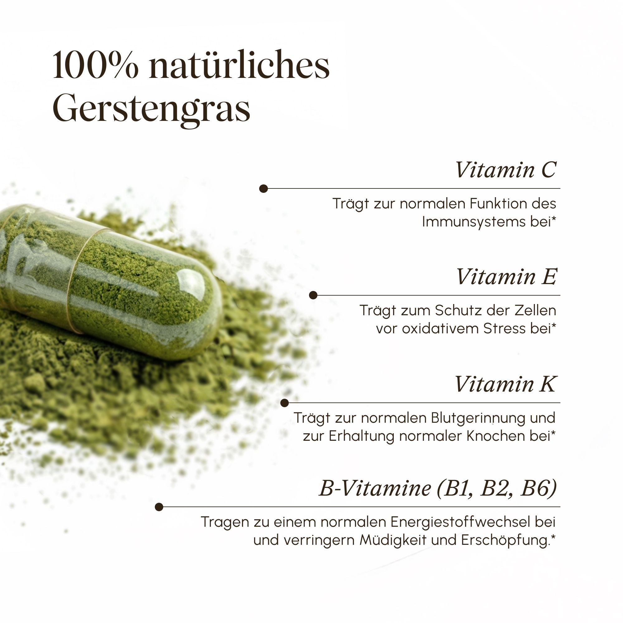 Eine Kapsel mit grünem Gerstengraspulver, daneben liegend. Text listet Vitamine C, E, K und B-Vitamine auf.