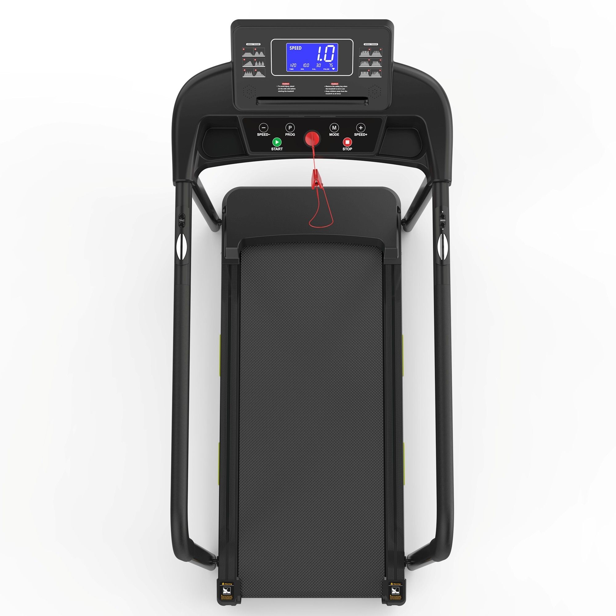 Schwarzes Laufband mit langem Handlauf. Großes LCD-Display. Draufsicht. Für Senioren. Roter Not-Aus-Knopf.