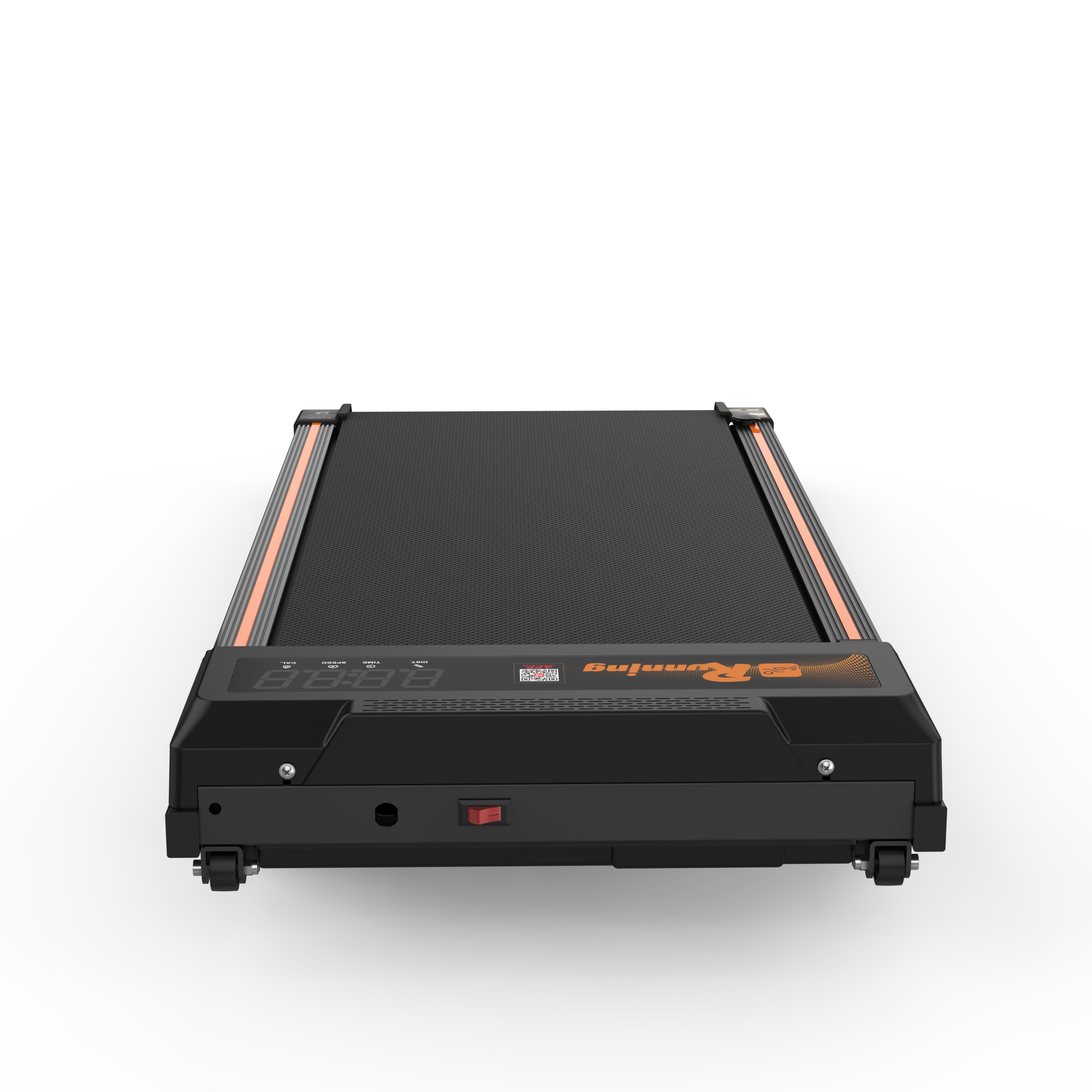 Schwarzes Laufband mit orangefarbenen Akzenten. LED-Display und Rollen. Frontansicht.