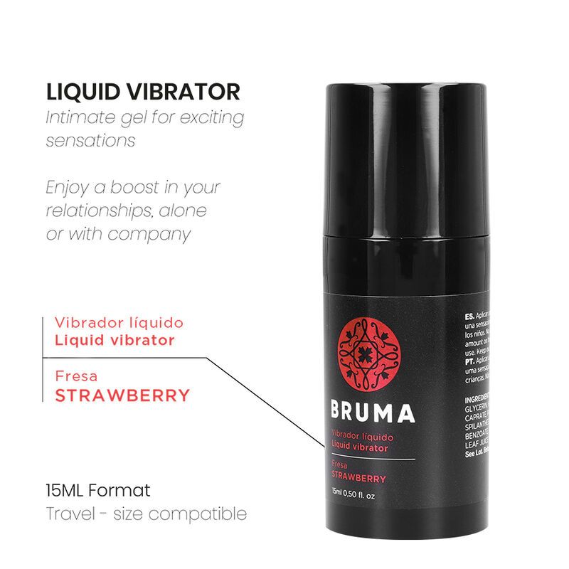 Schwarze Flasche mit rotem Etikett. Aufschrift: BRUMA, Erdbeer-Geschmack. Text: Flüssigvibrator. 15 ml Format. Produktinformationen.