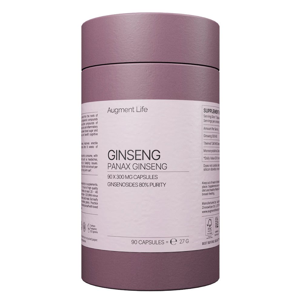 Runder Behälter mit Augment Life Ginseng Panax Ginseng Kapseln, 90x300mg Kapseln, Ginsenoside 80% Reinheit.