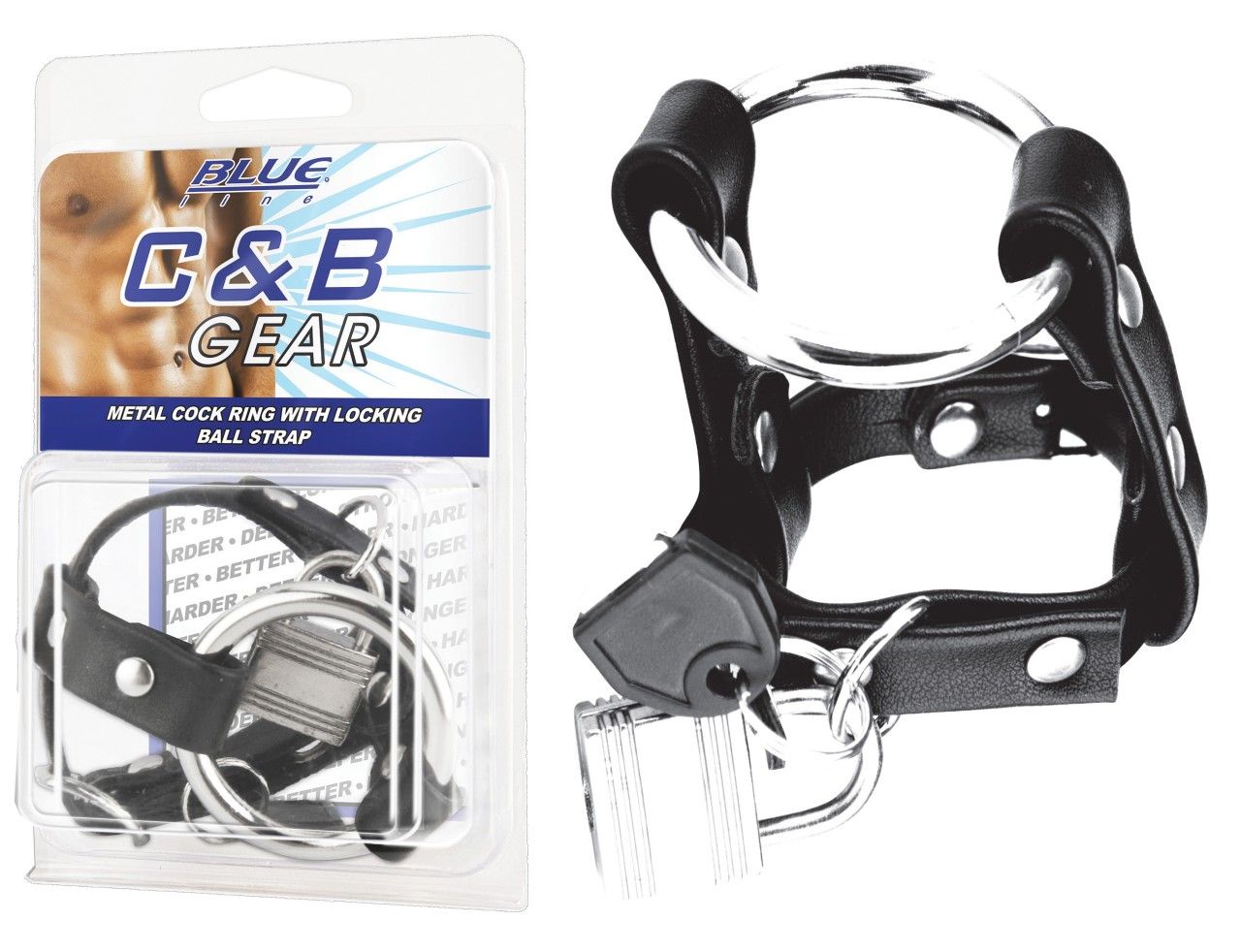 Cockring aus Metall und Leder mit Schloss und Kugelband. In Blisterverpackung. Aufschrift: C&B GEAR, METAL COCK RING WITH LOCKING BALL STRAP.