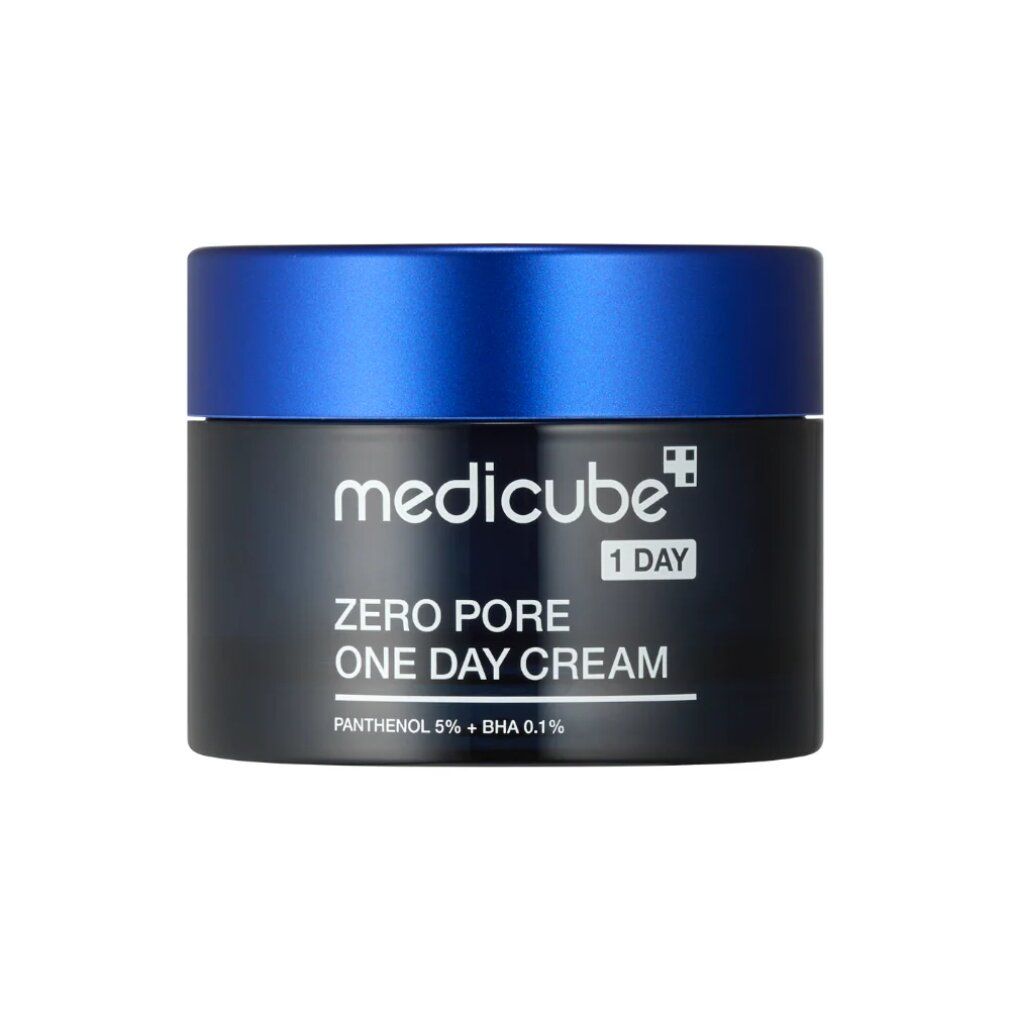 Medicube Zero Pore One Day Cream in schwarzem Tiegel mit blauer Kappe. Enthält Panthenol und BHA.