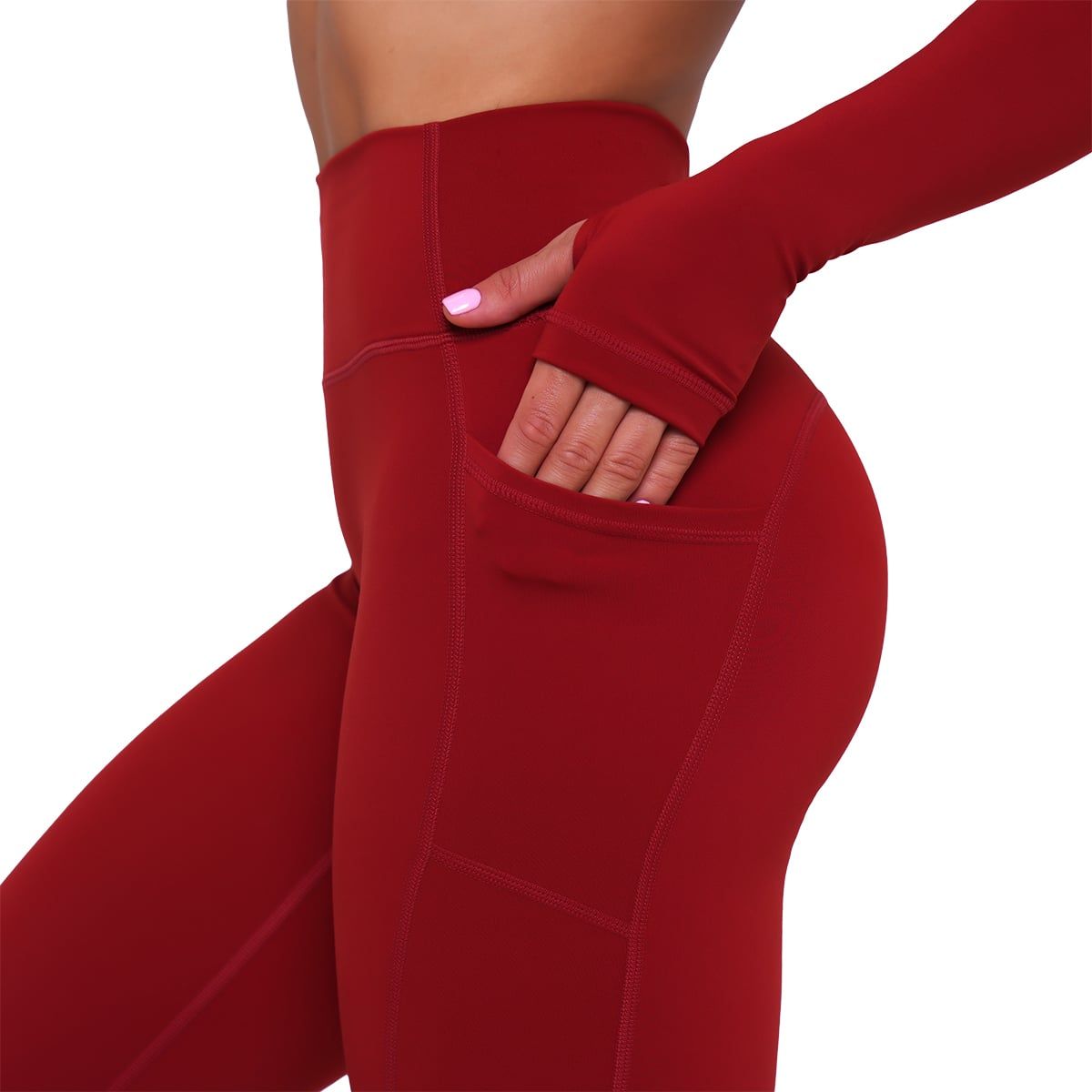 Damen-Leggings in Dunkelrot mit hoher Taille und praktischen Seitentaschen.