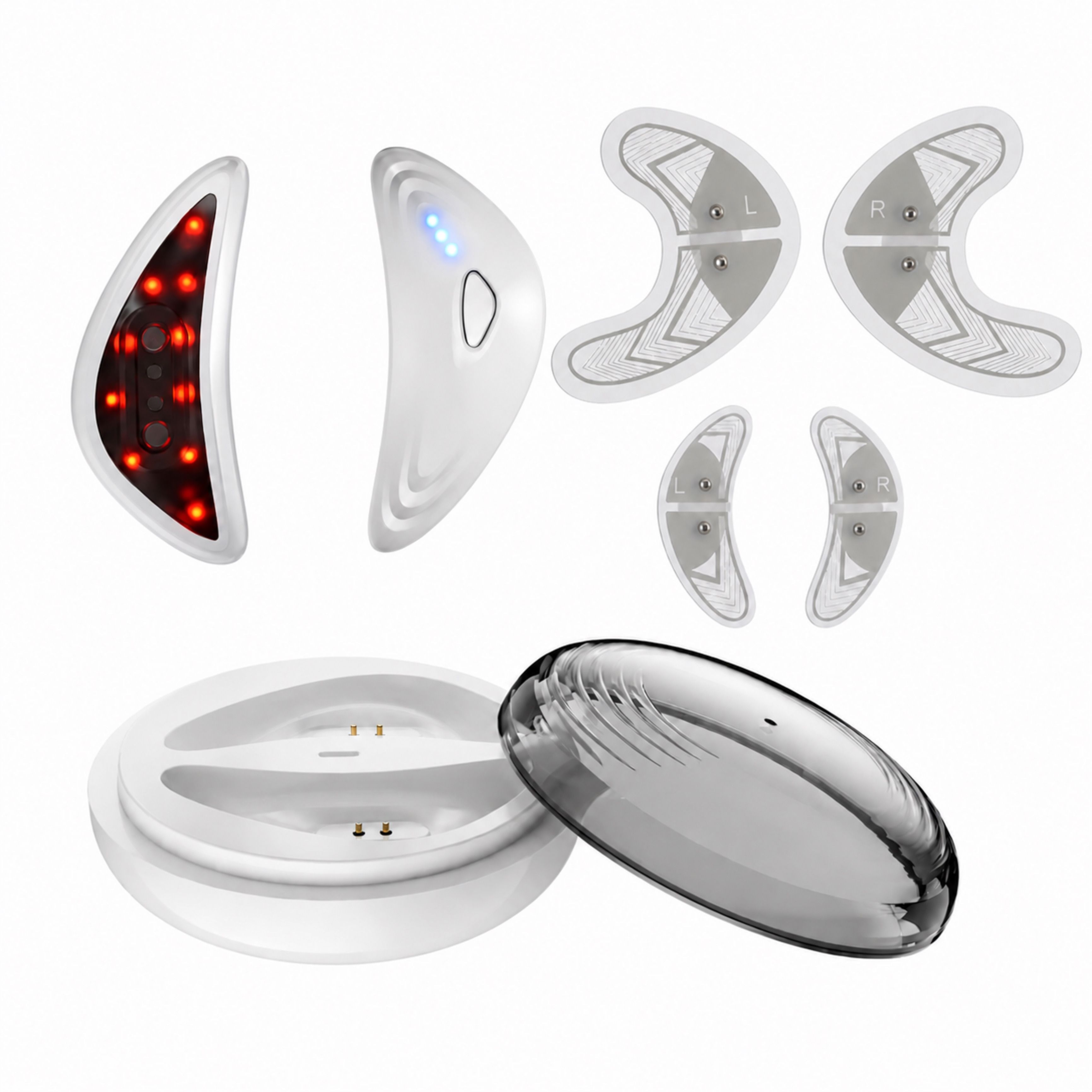 Augenmassagegerät mit Ladecase, Gelpads und Hauptgerät mit roten LEDs.