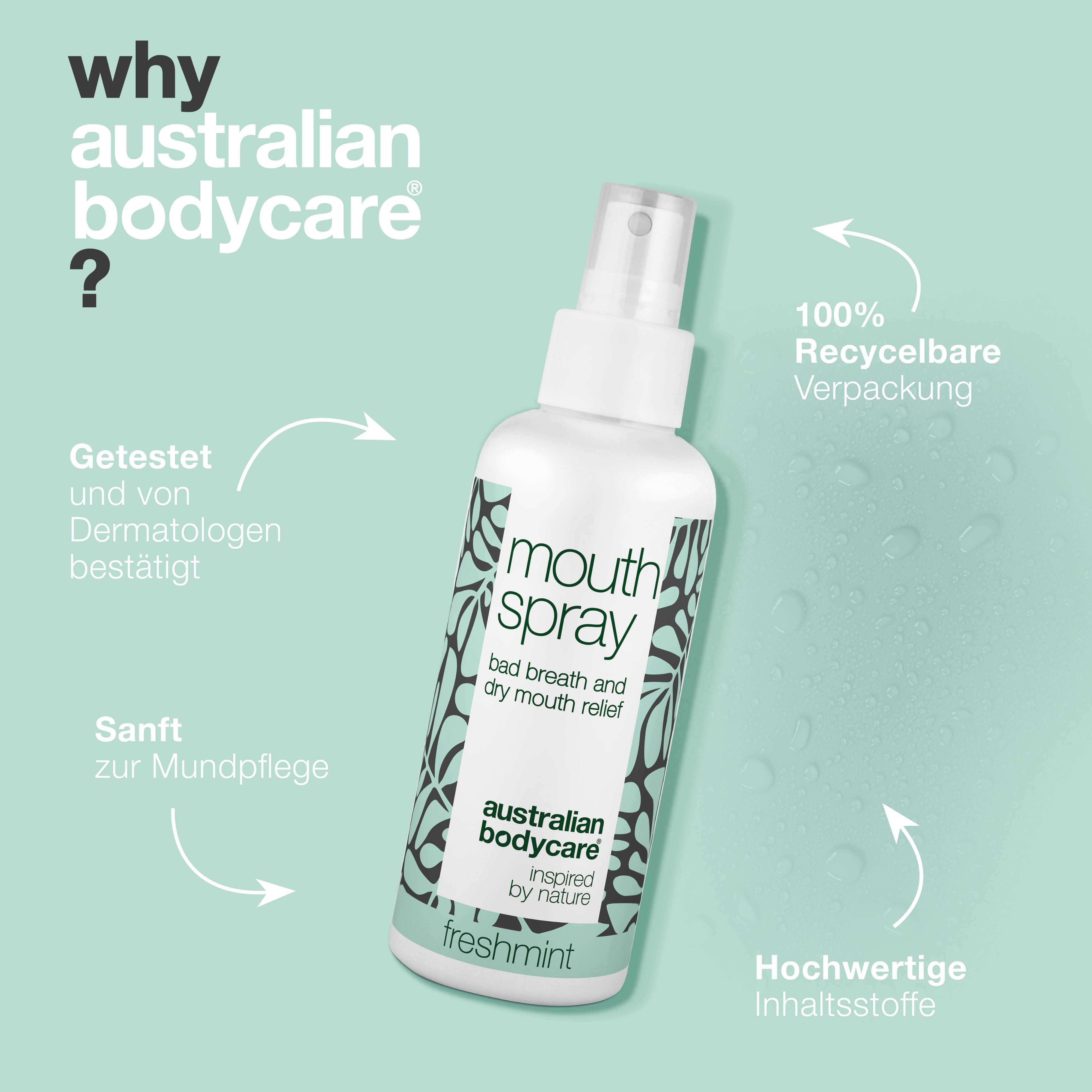 Mundspray-Flasche. Text: Getestet und von Dermatologen bestätigt, sanft zur Mundpflege, 100% recycelbare Verpackung.