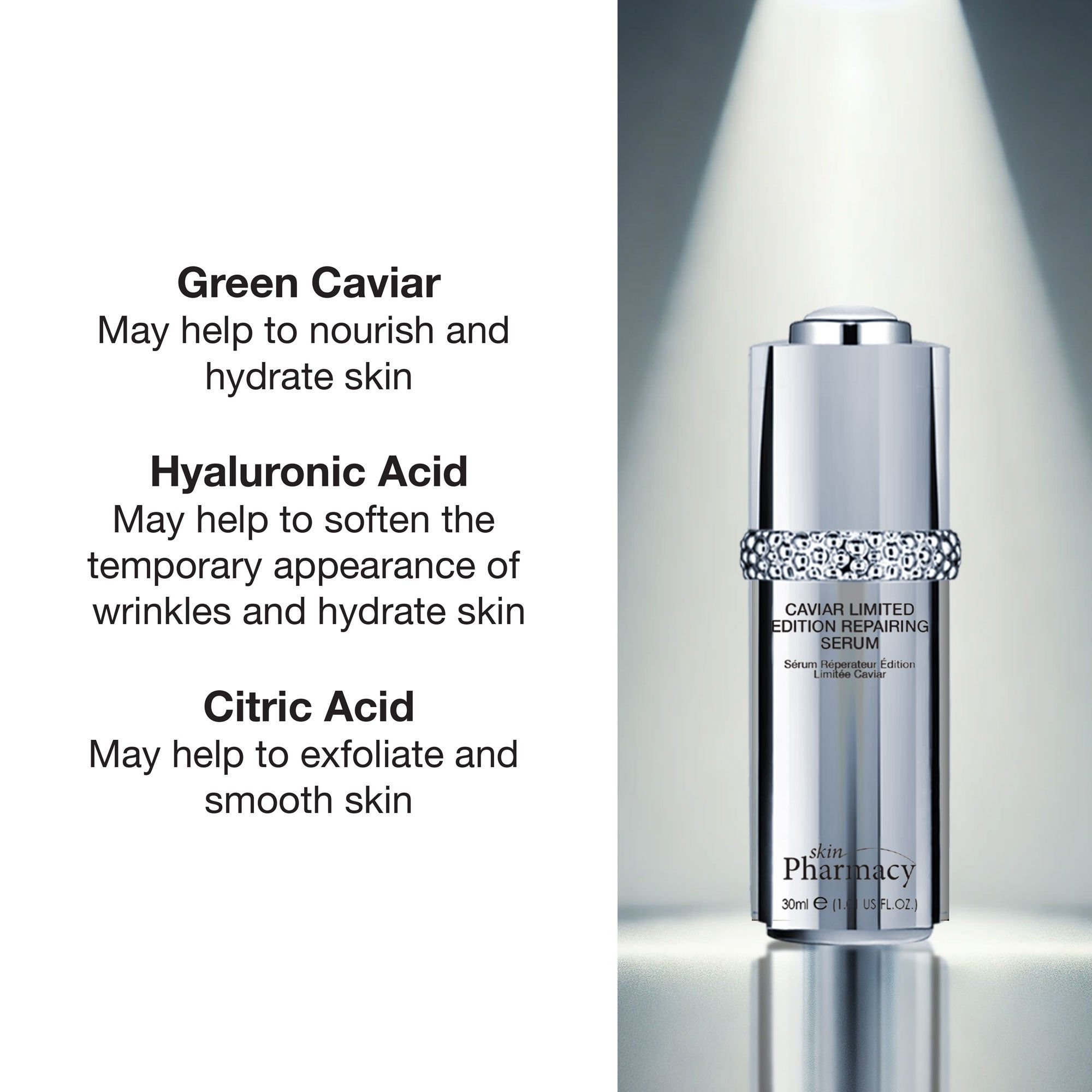 Produktflasche mit Texten: Green Caviar, Hyaluronsäure, Zitronensäure. 'Caviar Limited Edition Repairing Serum'.