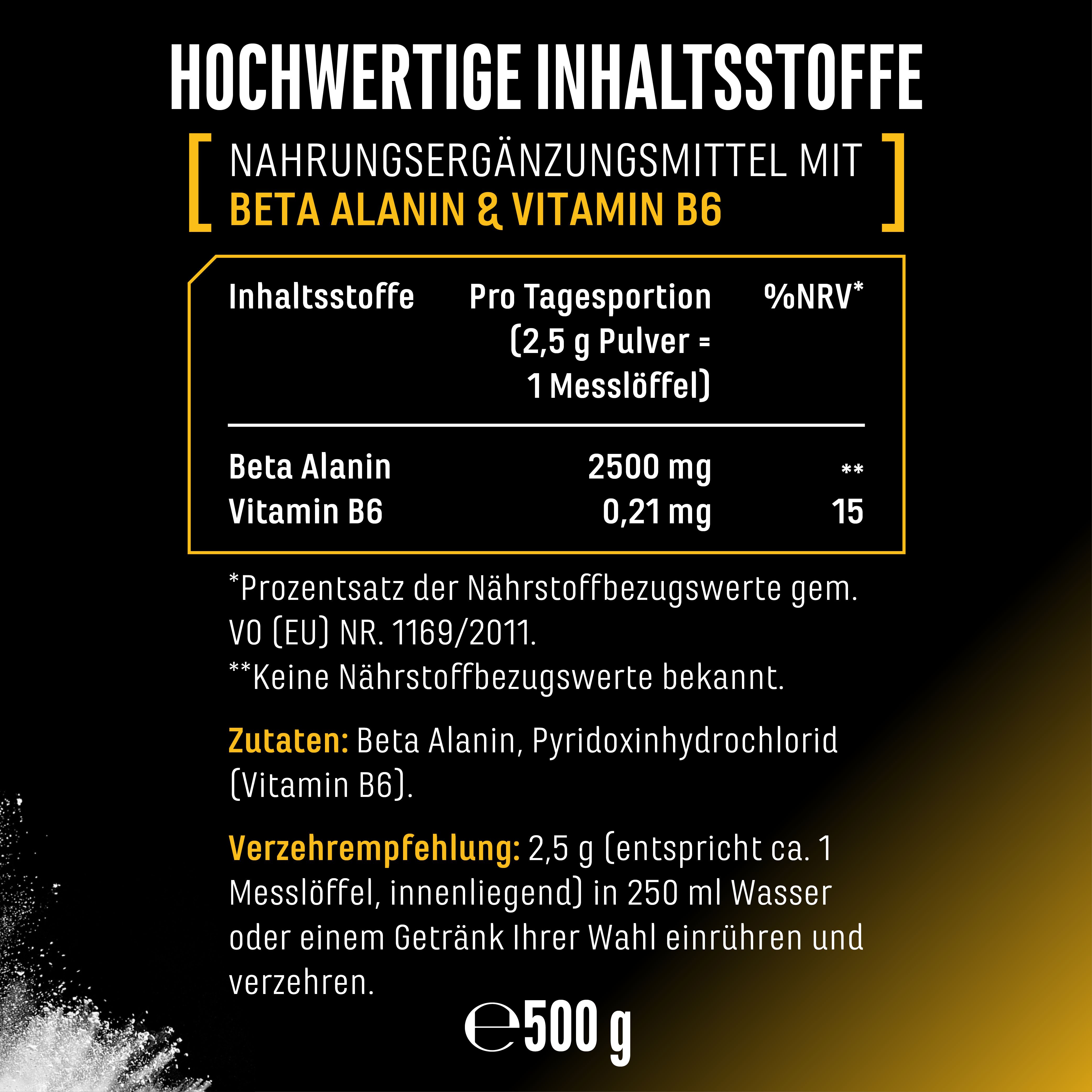 Tabelle mit Inhaltsstoffen von GEN Beta Alanin & Vitamin B6. Pro Tagesportion: 2500 mg Beta Alanin, 0,21 mg Vitamin B6. Empfohlene Dosierung: 2,5 g.