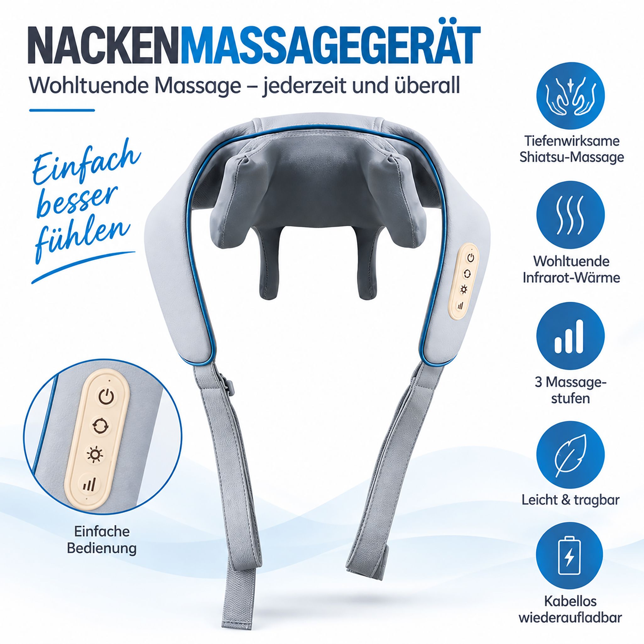 Graues Nackenmassagegerät mit 4 Massageköpfen und Bedienelementen, Vorderansicht.