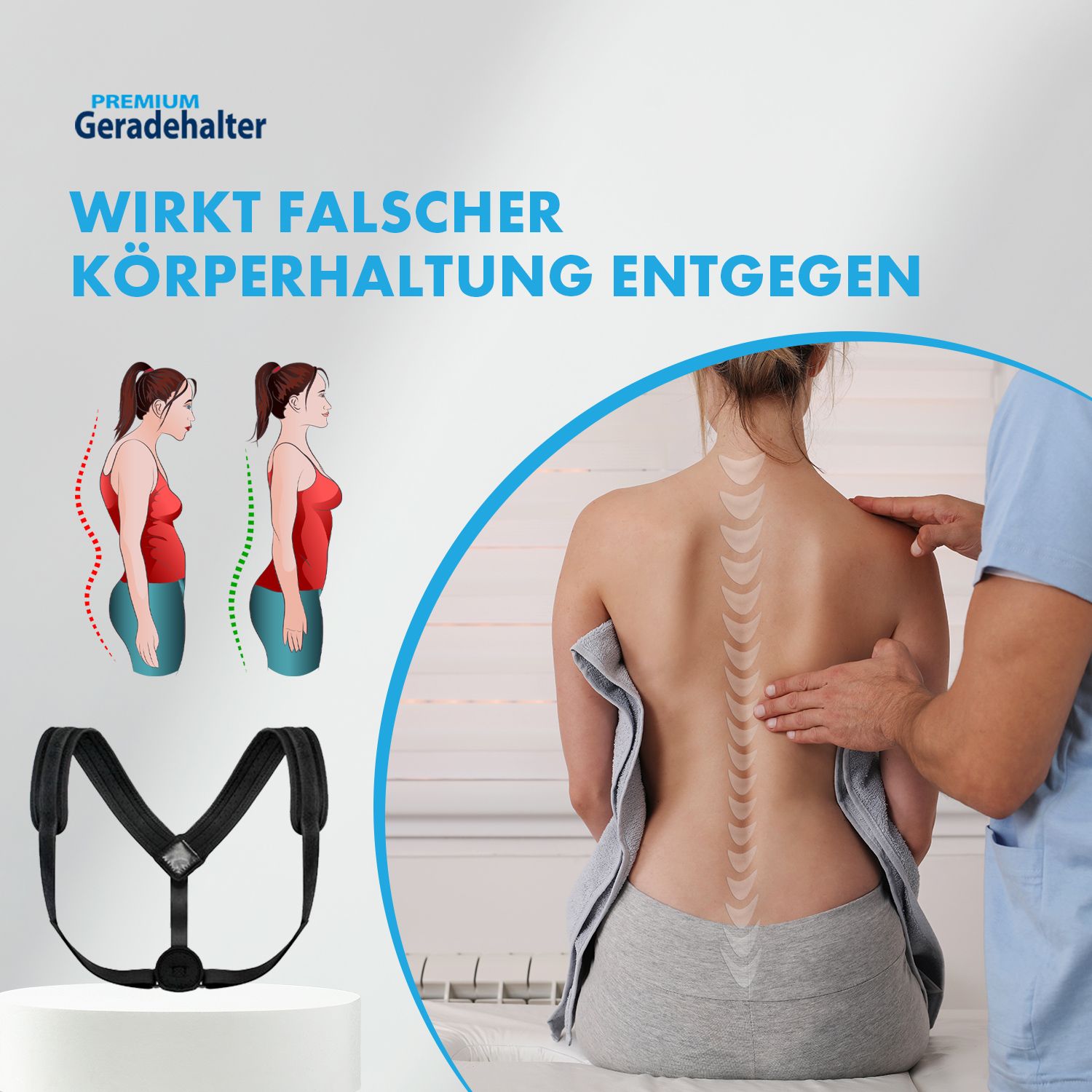 Schwarzer Rücken Geradehalter. Text: Wirkt falscher Körperhaltung entgegen. Frau mit Illustrationen von Haltungskorrektur.