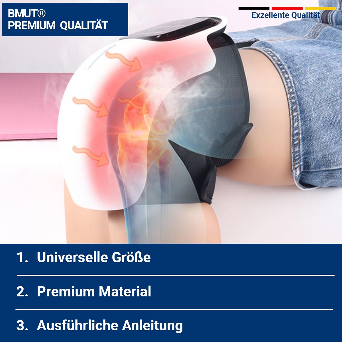 Knie-Massagegerät am Knie einer Person. Text: Universelle Größe, Premium Material, Ausführliche Anleitung. BMUT-Logo, Exzellente Qualität.