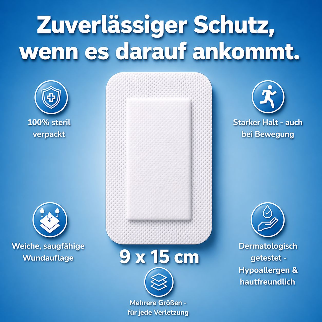Steriles Wundpflaster 9x15 cm mit weicher, saugfähiger Auflage und starkem Halt.