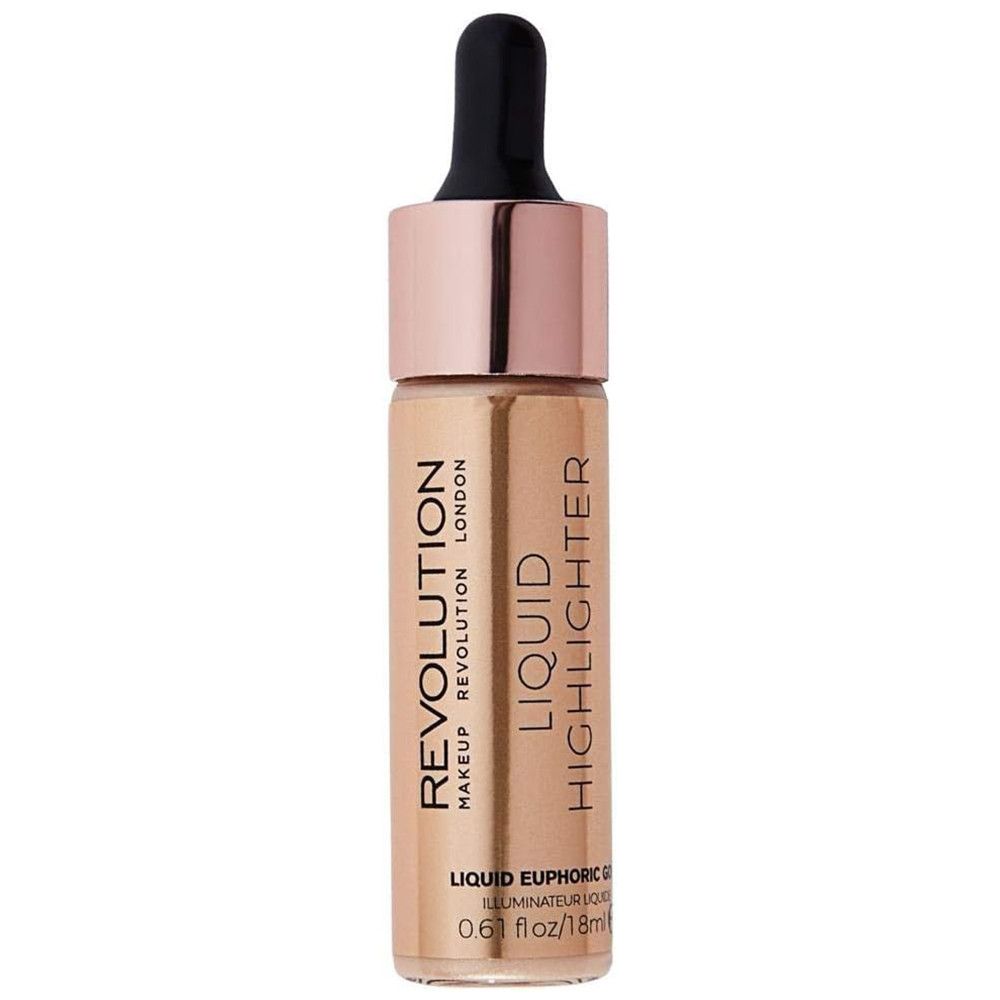 Flüssiger Highlighter in Glasflasche. Roségoldfarbener Deckel und Pipette. Produktetikett mit Text.