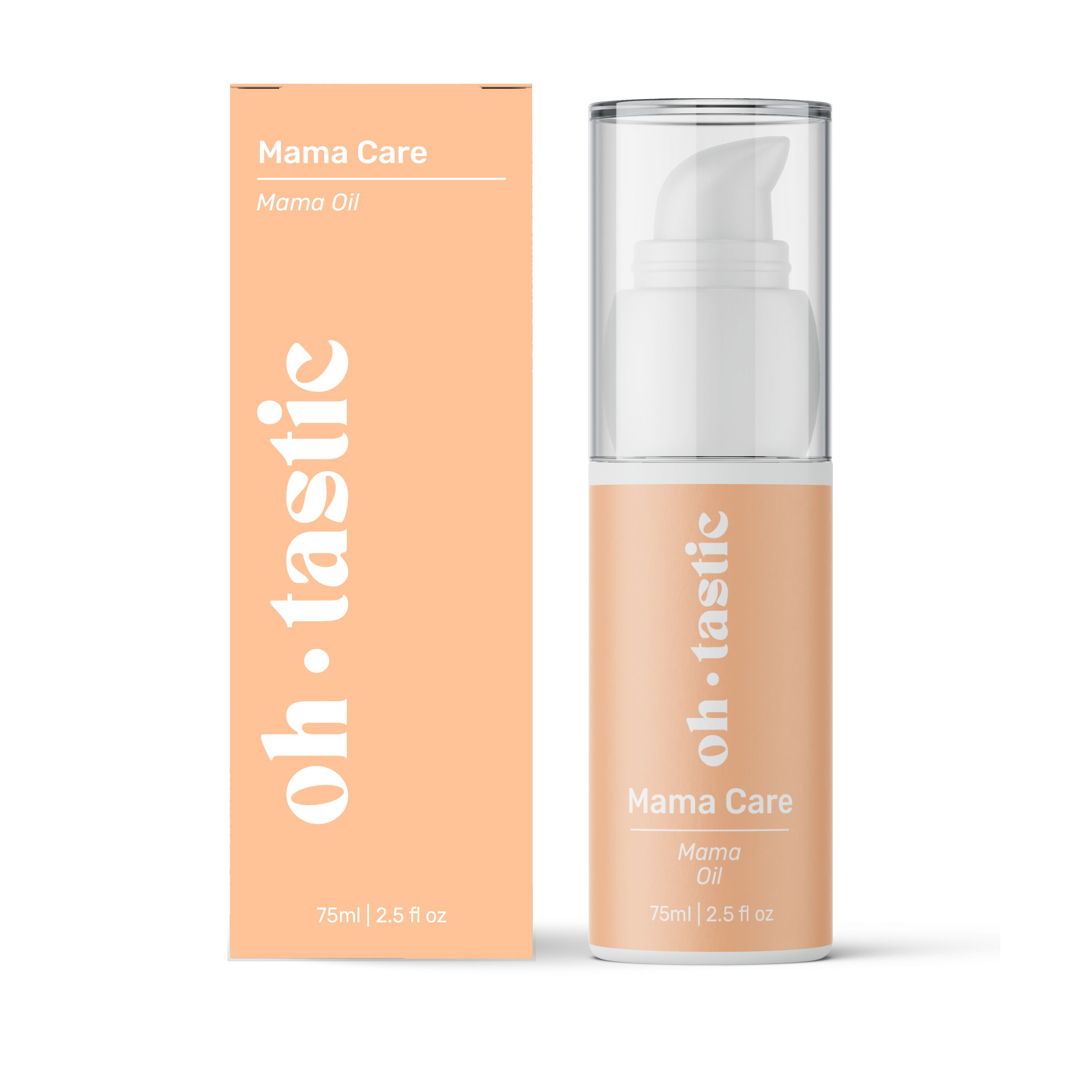 Produktverpackung mit Produktflasche. Aufschrift: oh.tastic, Mama Care, 75ml | 2.5 fl oz.