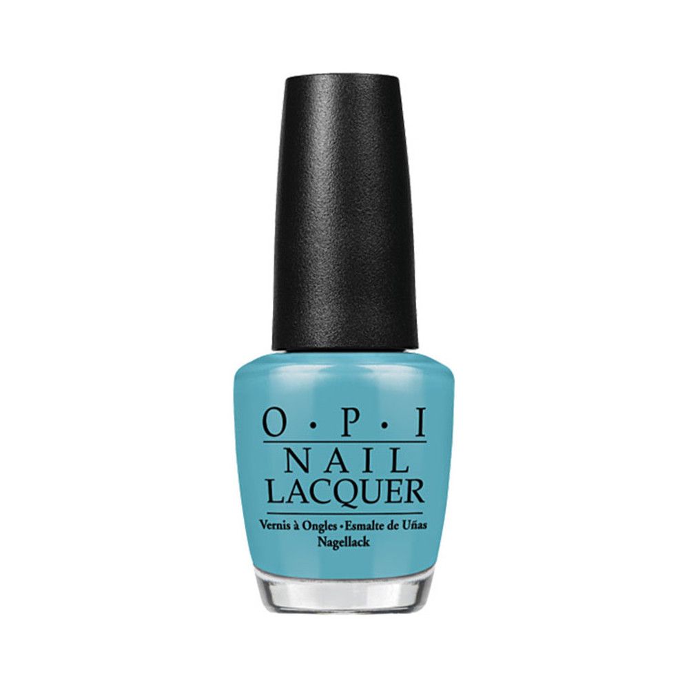 Türkis Nagellackflasche mit schwarzem Deckel. Aufschrift: OPI NAIL LACQUER. Untertitel: Vernis à Ongles, Nagellack.