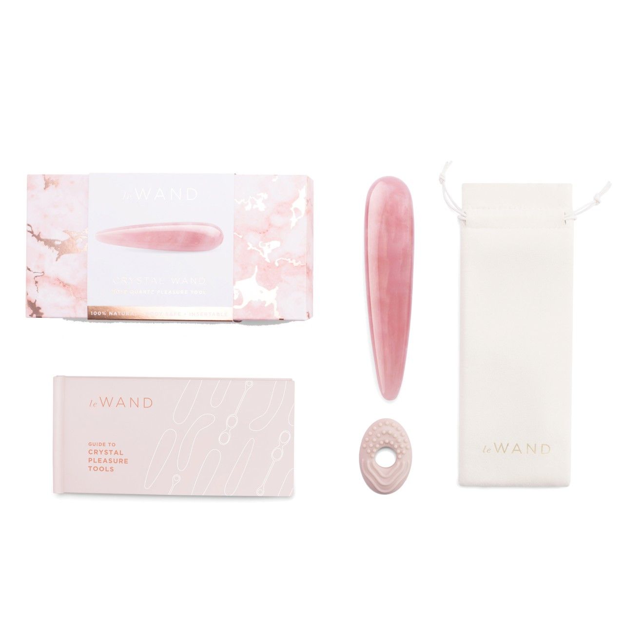 Produkt-Set. Kristallstab, Aufsatz, Beutel, Verpackung. Produktname auf der Verpackung.