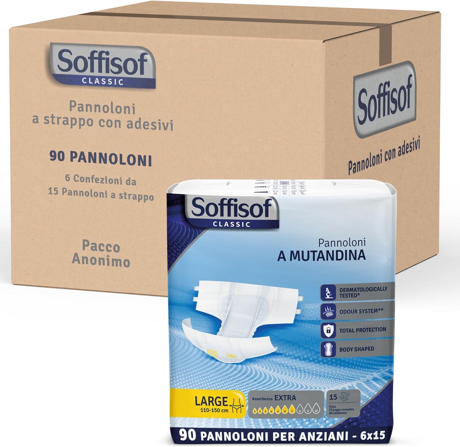 Soffisof Classic Windeln für Erwachsene Extra. Verpackung mit Karton und Packung. 90 Stück.  Pannoloni a strappo con adesivi.