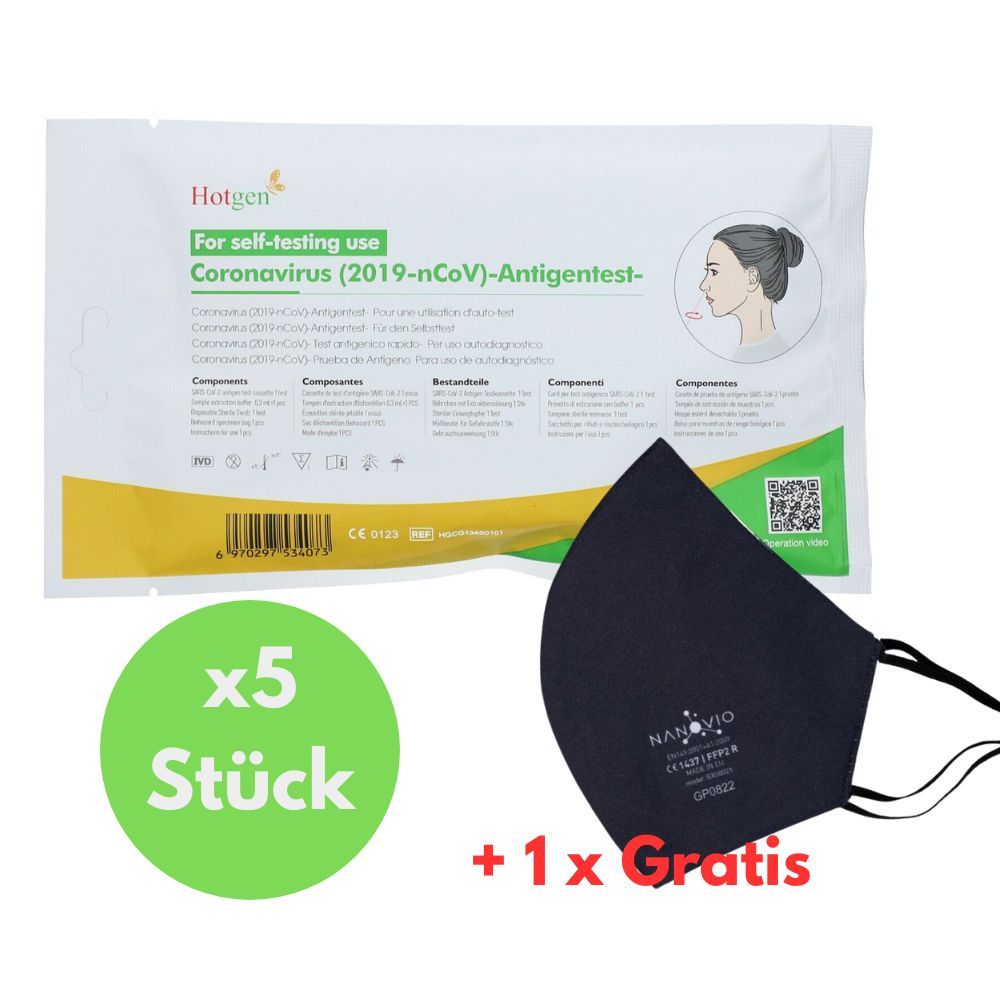 Verpackung mit 5 Antigen-Tests und einer Nanovio FFP2-Maske. Grüne Aufschrift 'x5 Stück' und '+1 x Gratis'.